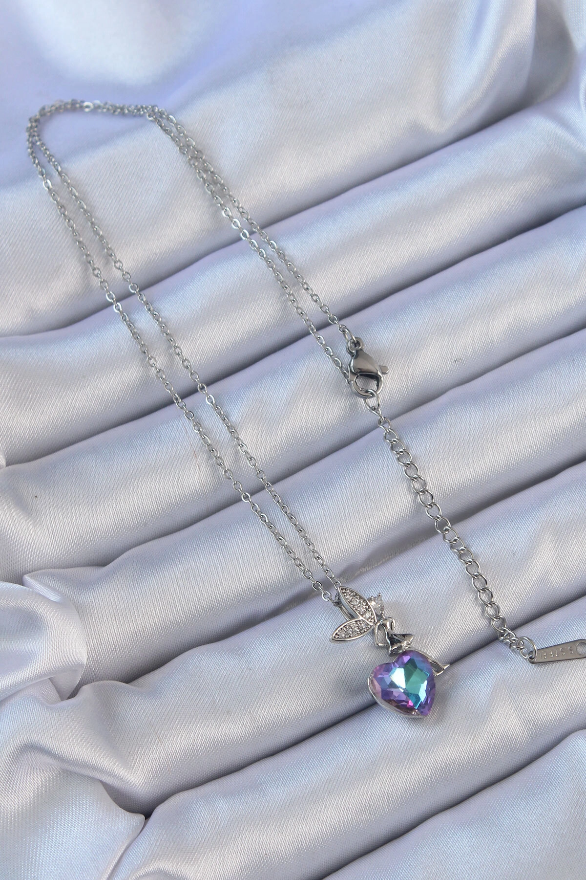 316L Çelik Zincir Gümüş Renk Mor Mavi Renk Zirkon Taşlı Kalp Detay Peri Kolye-1