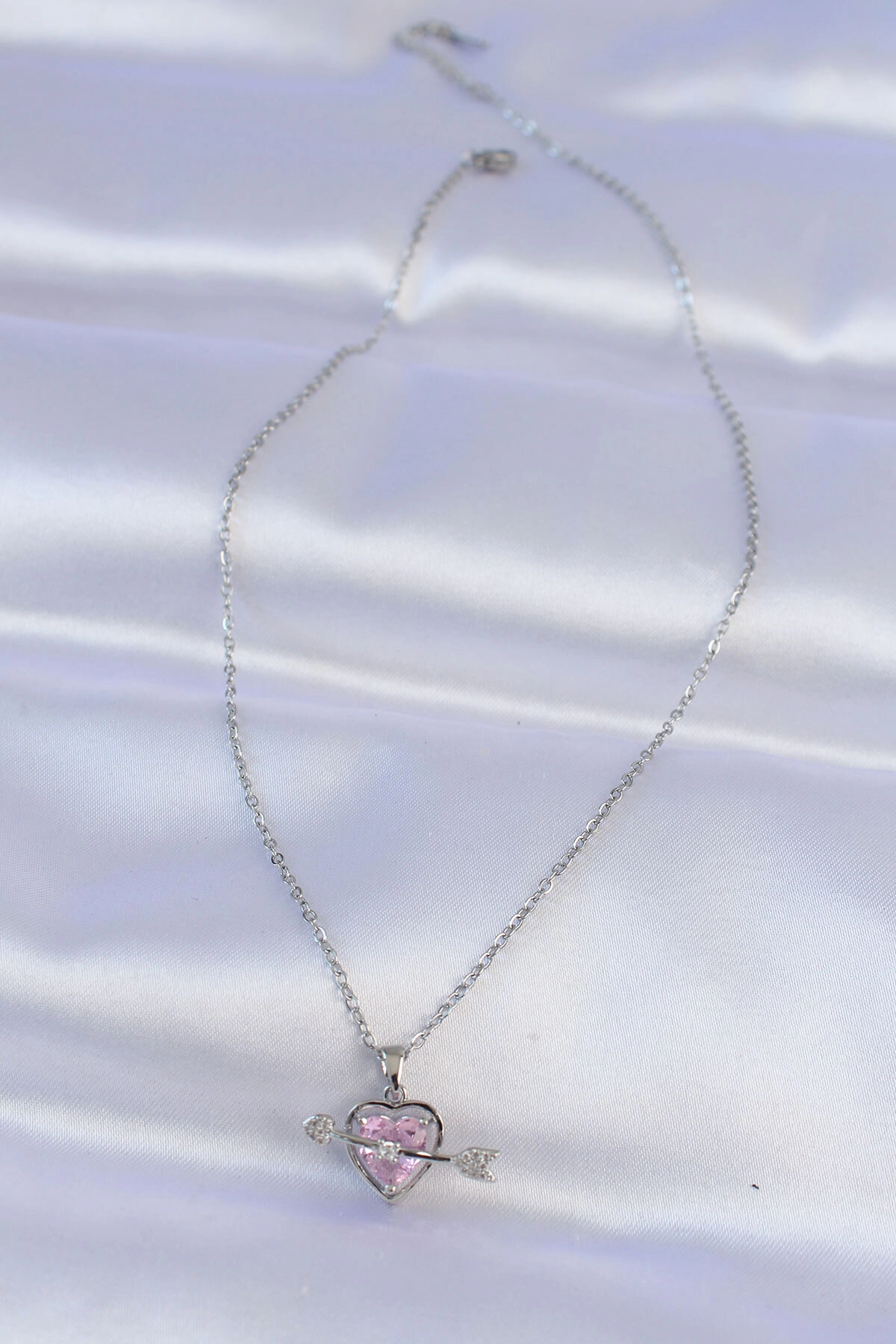 316L Çelik Zincir Gümüş Renk Pembe Zirkon Taşlı Eros Kolye-1