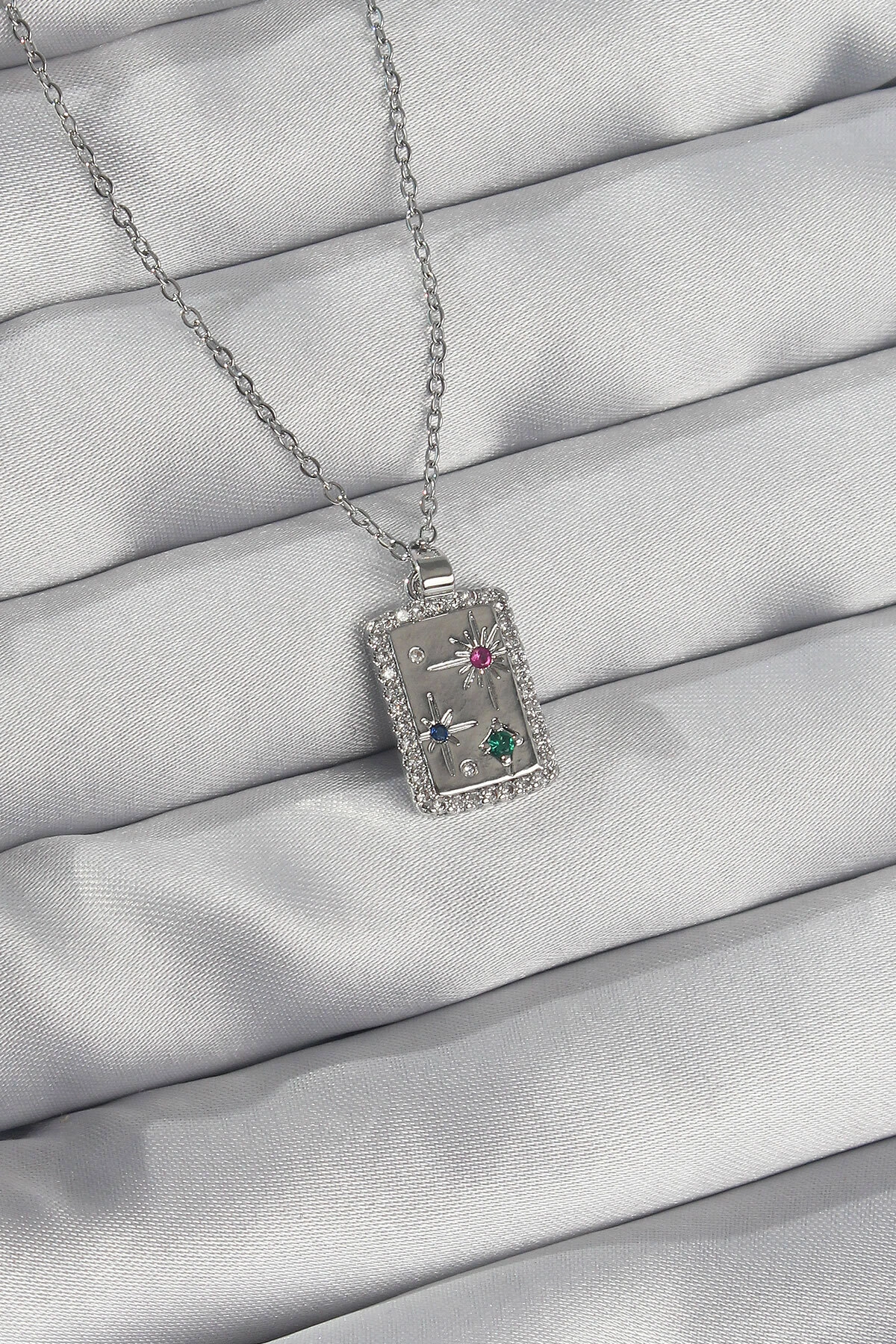 316L Çelik Zincir Gümüş Renk Renkli Zirkon Taşlı Vintage Kolye-0