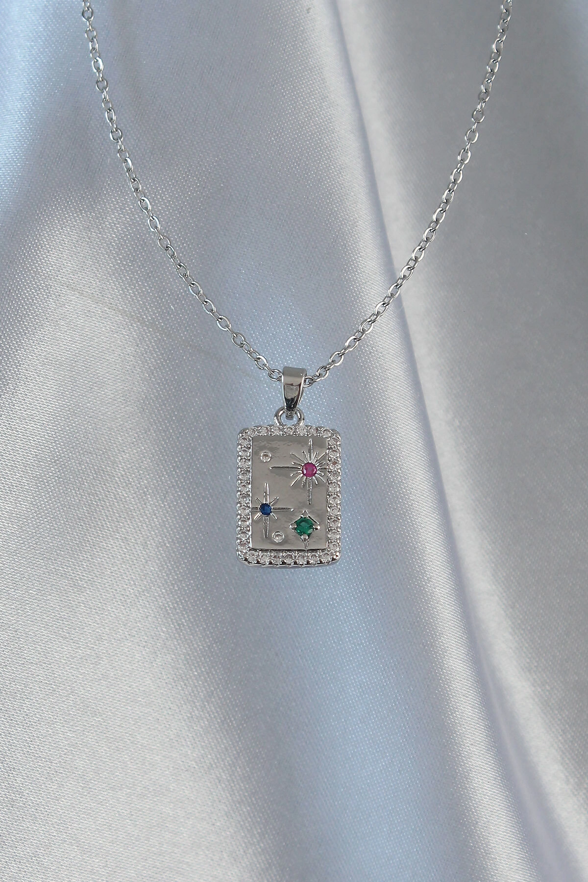 316L Çelik Zincir Gümüş Renk Renkli Zirkon Taşlı Vintage Kolye-1