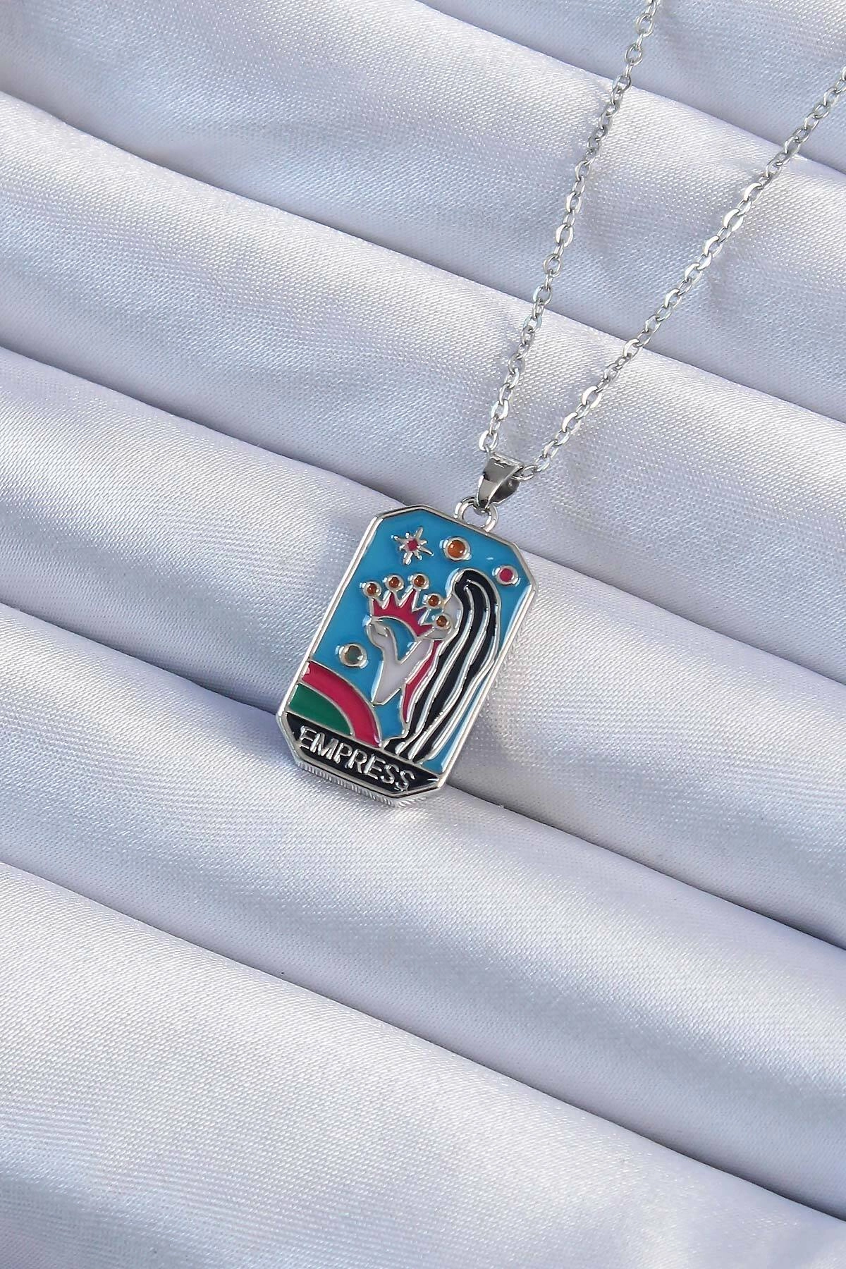 316L Çelik Zincir Gümüş Renk Taç ve Kız Figürlü Renkli Mineli Tarot Kolye-0