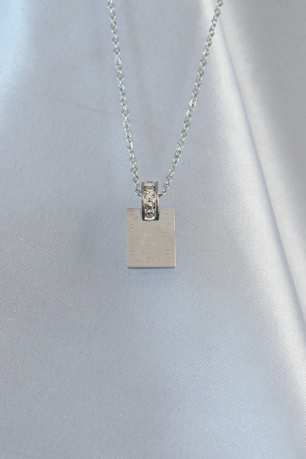 316L Çelik Zincir Gümüş Renk Zirkon Taşlı Aşk Mektubu Kolye-0