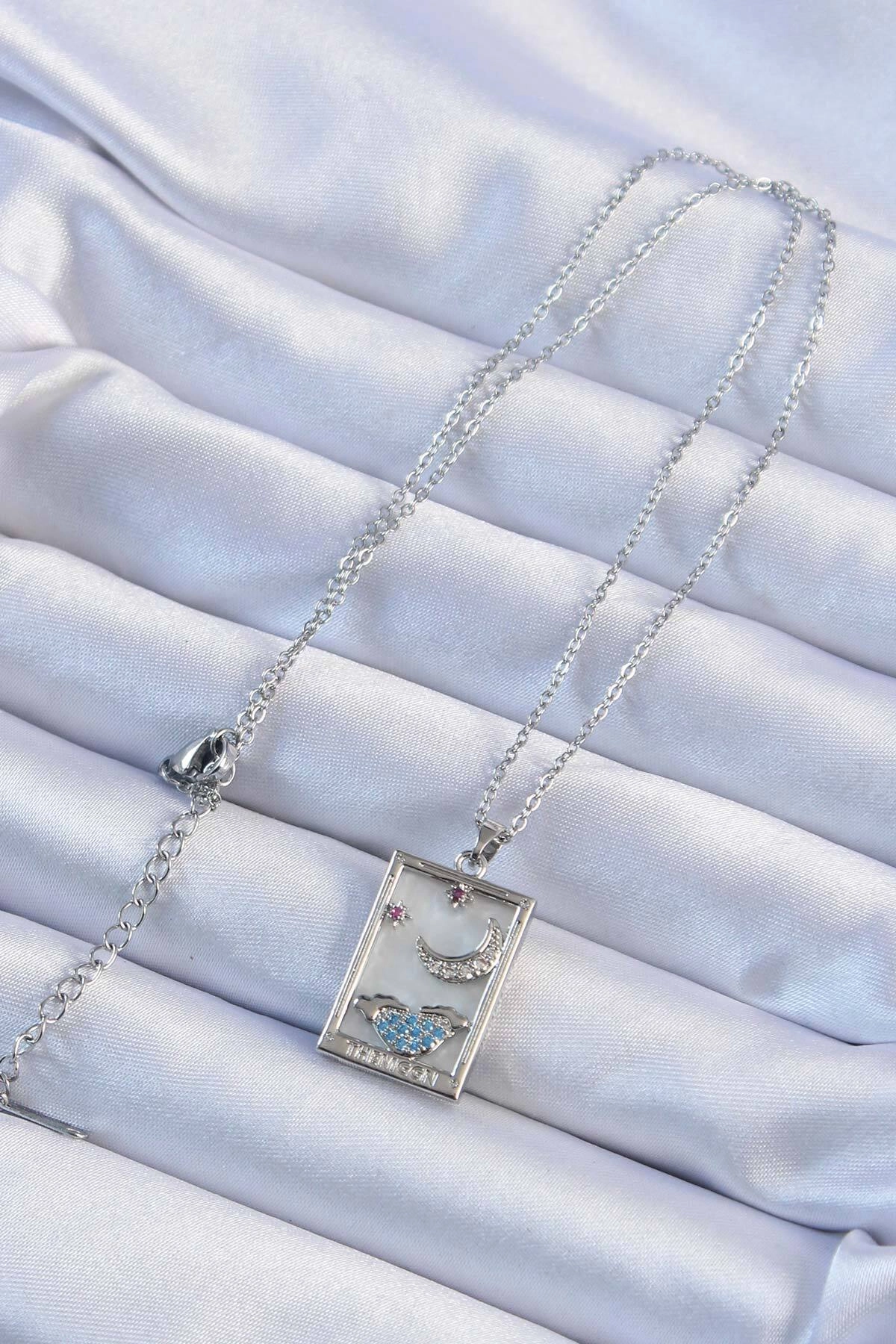 316L Çelik Zincir Gümüş Renk Zirkon Taşlı Ay Figürlü Tarot Kolye-1