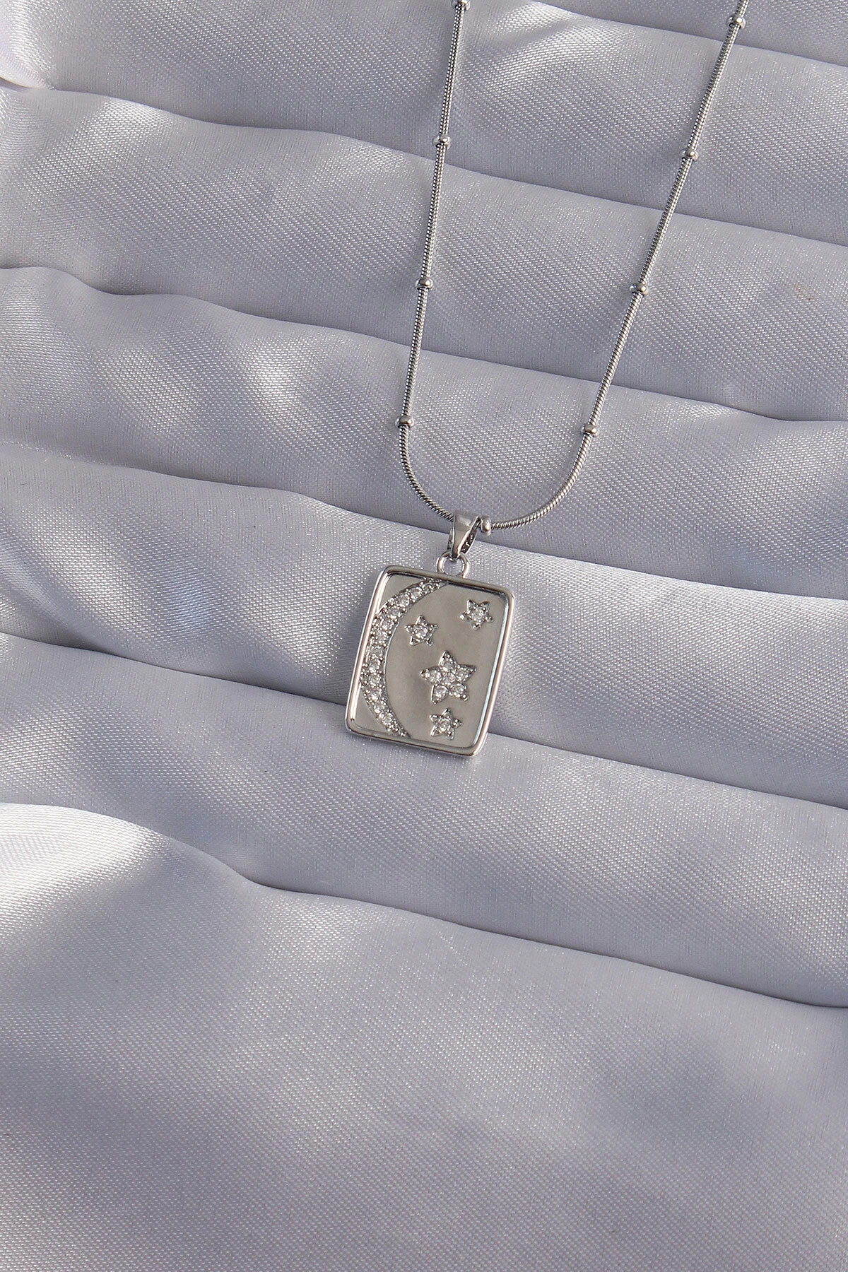 316L Çelik Zincir Gümüş Renk Zirkon Taşlı Ay Yıldız Figürlü Tarot Kolye-0