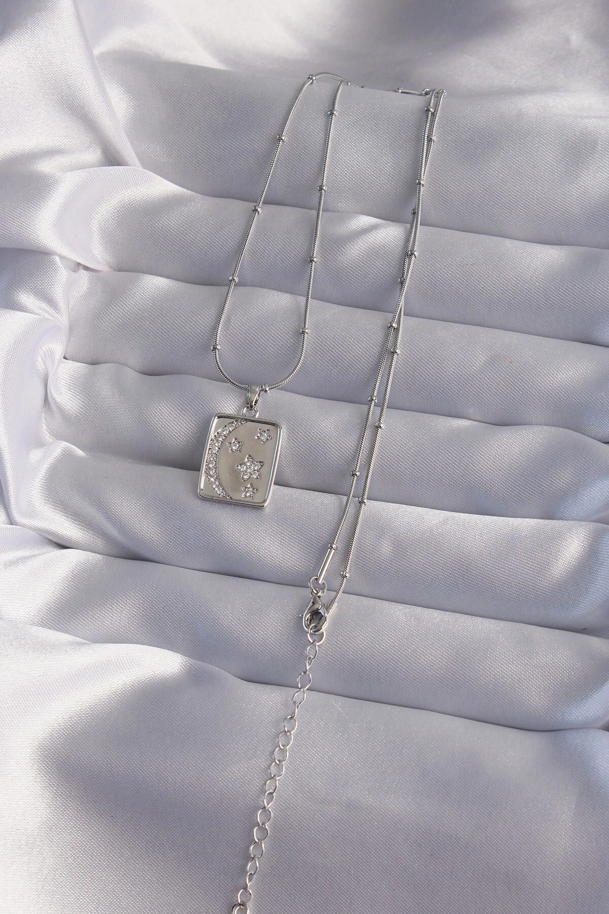 316L Çelik Zincir Gümüş Renk Zirkon Taşlı Ay Yıldız Figürlü Tarot Kolye-1