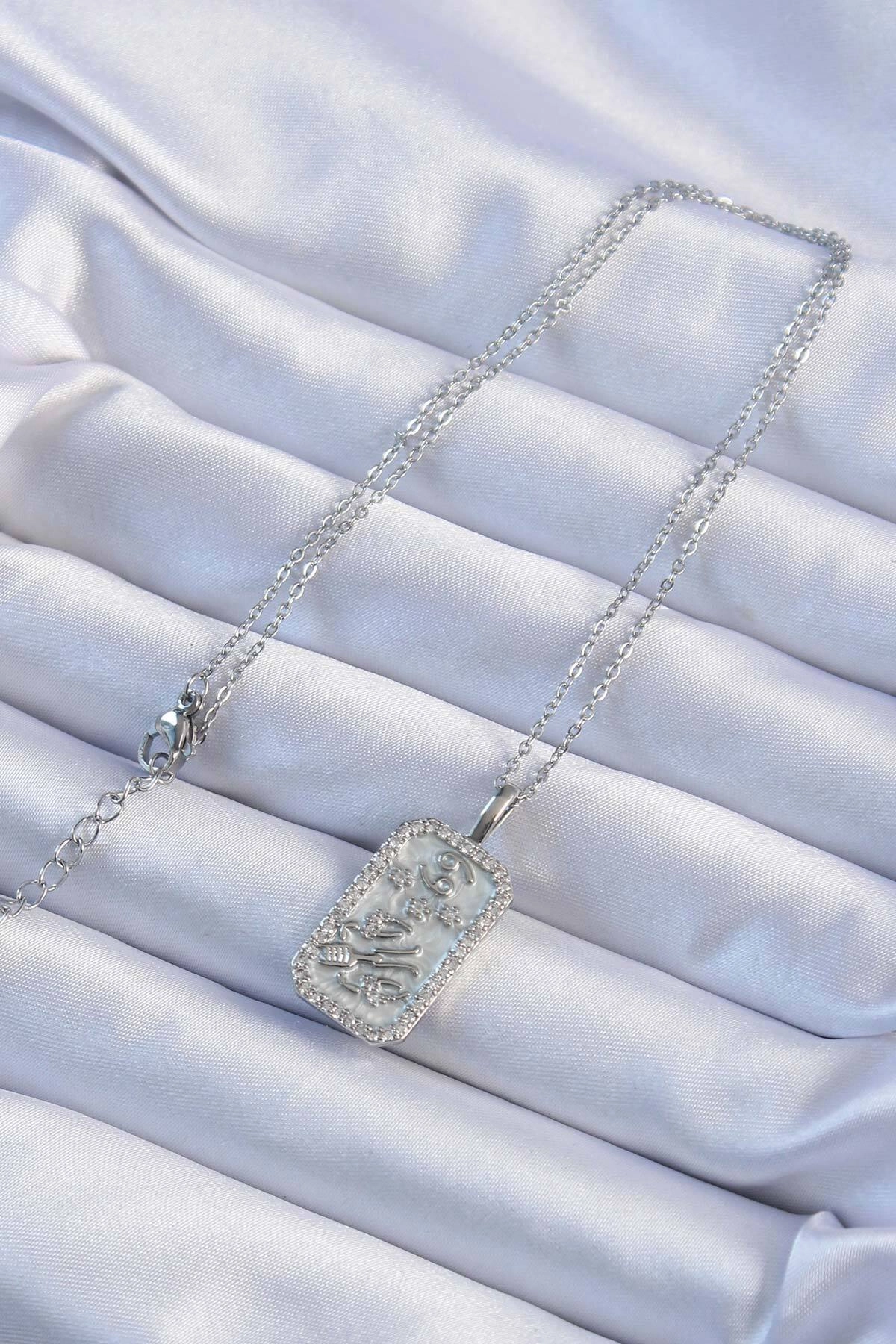 316L Çelik Zincir Gümüş Renk Zirkon Taşlı Çerçeveli Tarot Kolye-1