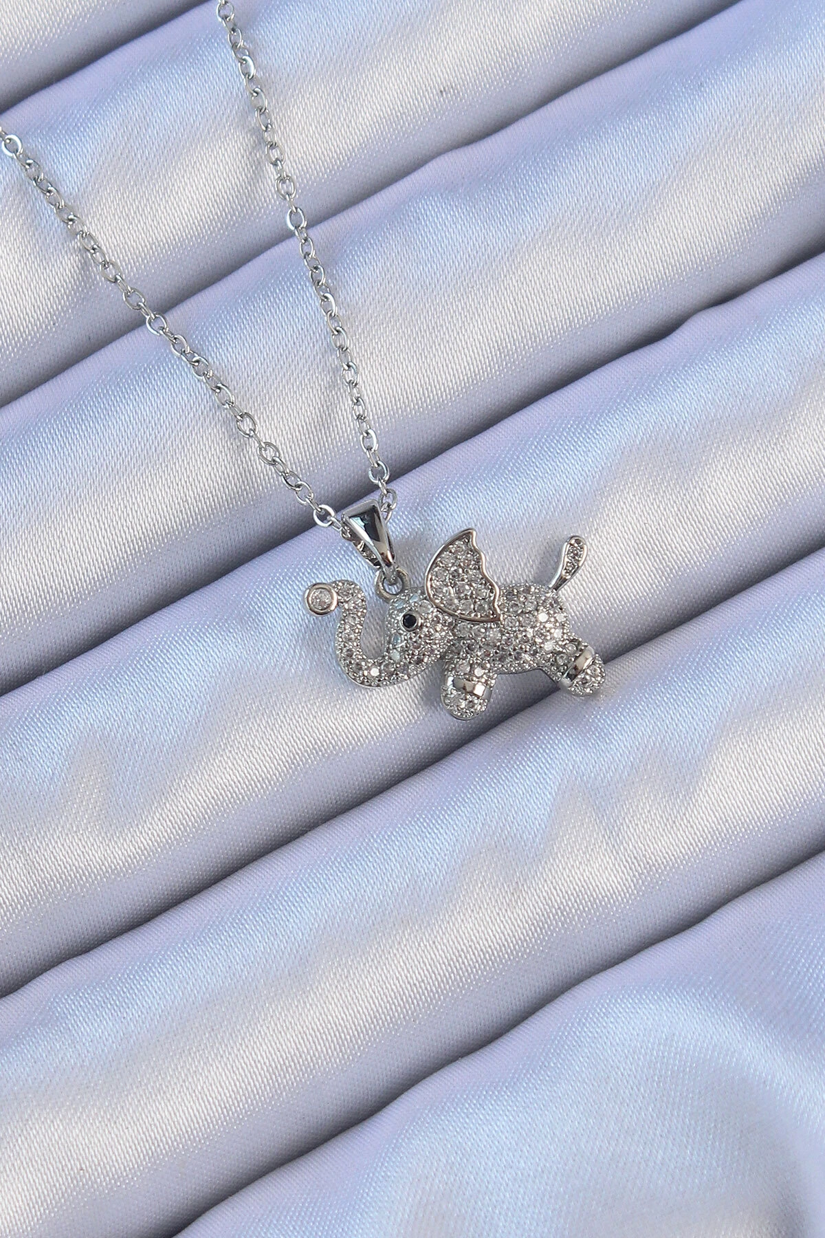 316L Çelik Zincir Gümüş Renk Zirkon Taşlı Fil Kolye-0