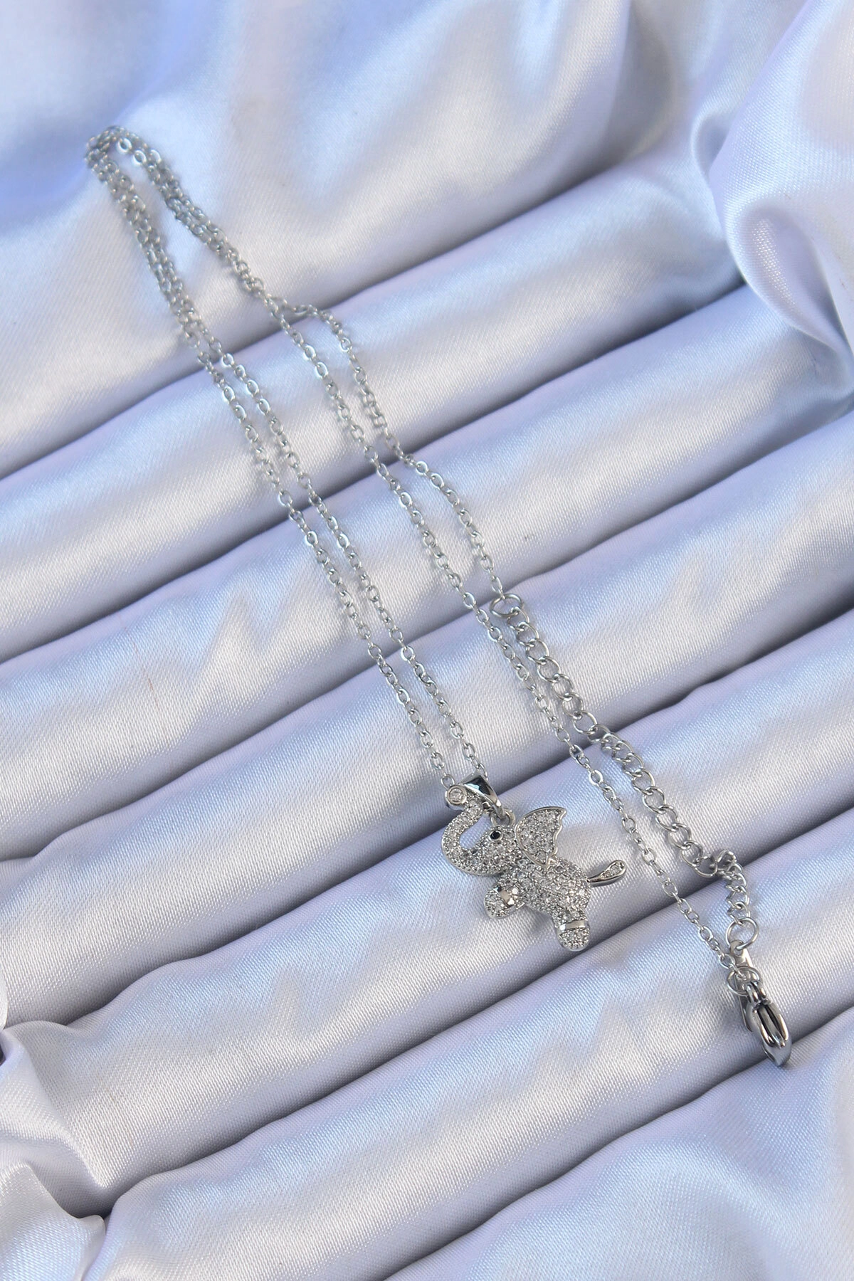 316L Çelik Zincir Gümüş Renk Zirkon Taşlı Fil Kolye-1