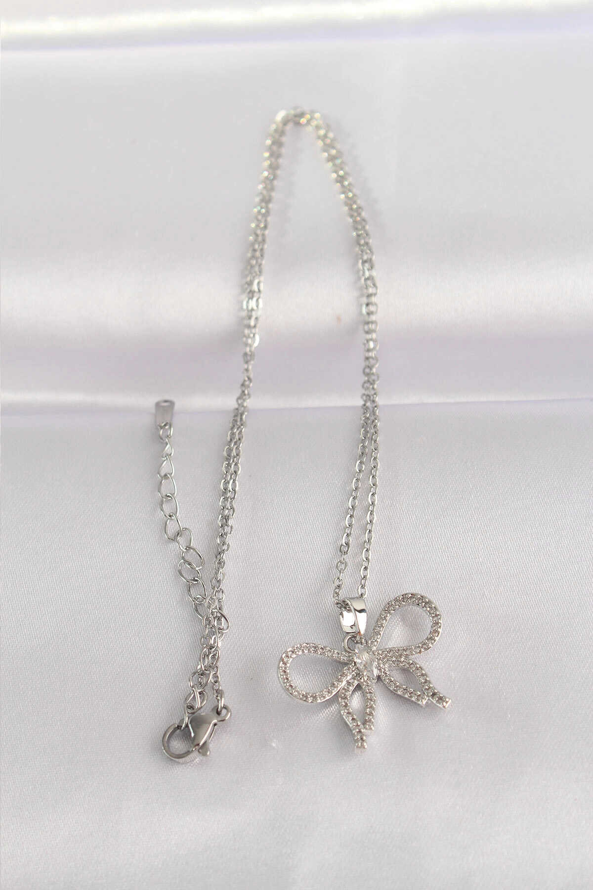 316L Çelik Zincir Gümüş Renk Zirkon Taşlı Fiyonk Kolye-1