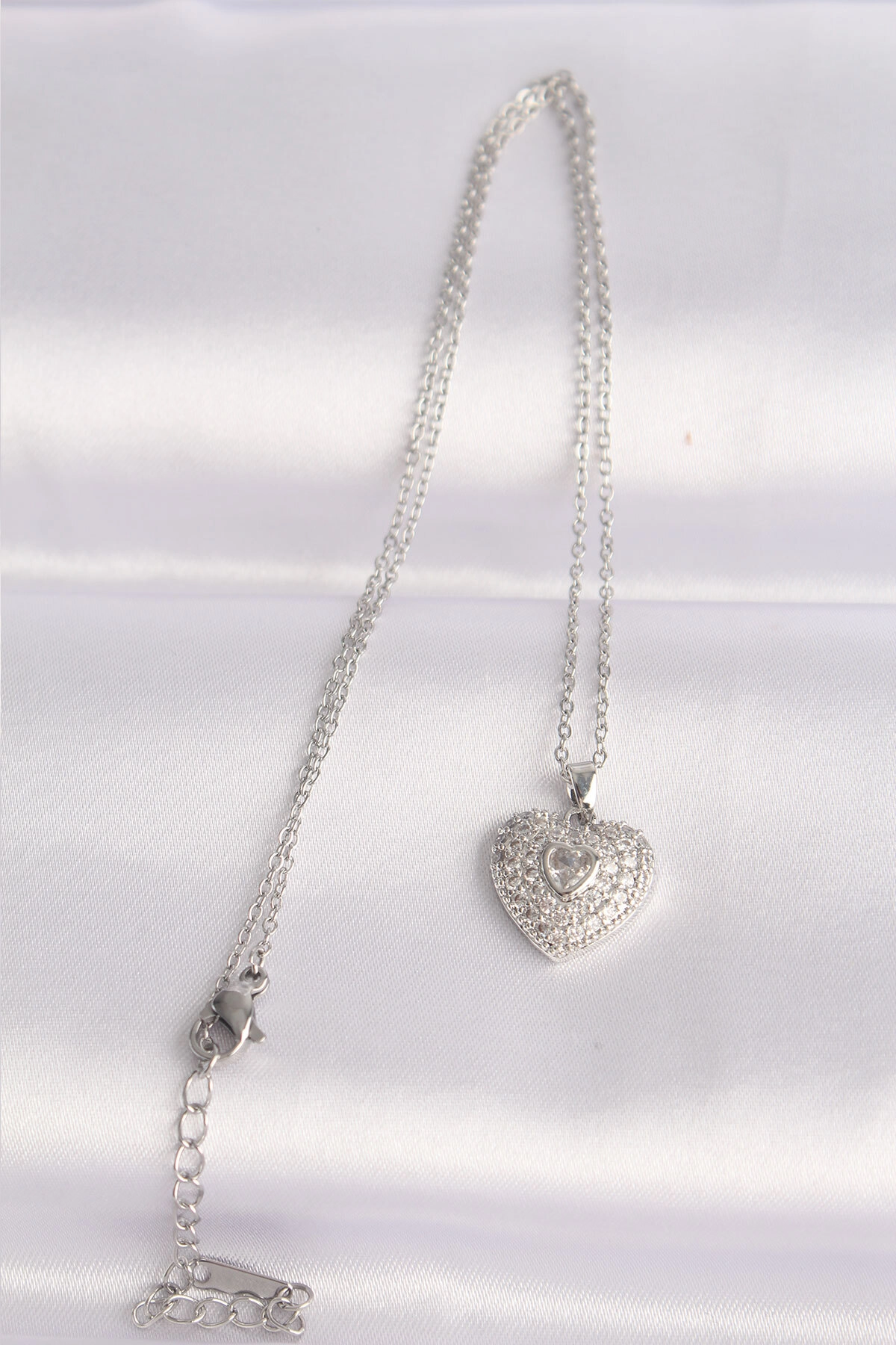 316L Çelik Zincir Gümüş Renk Zirkon Taşlı Kalp Kolye-1