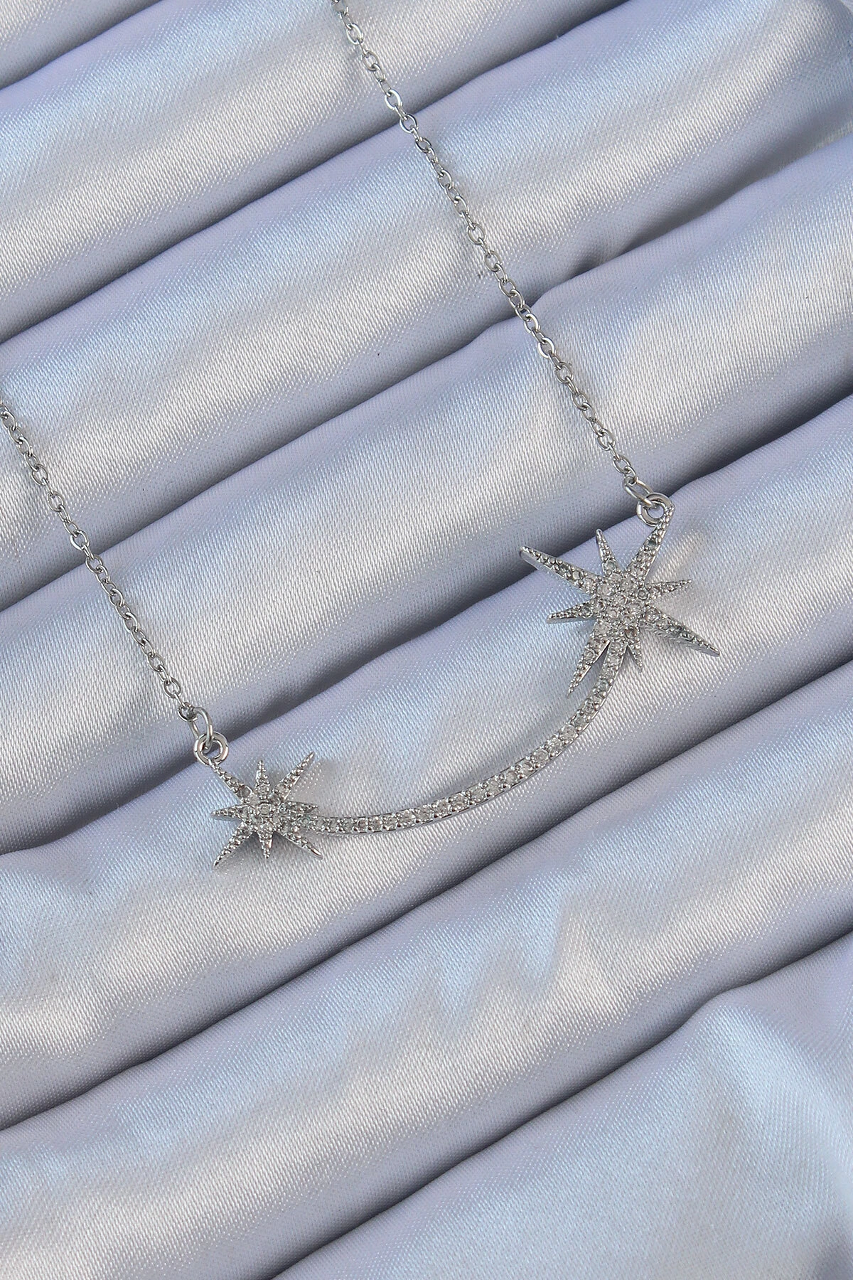 316L Çelik Zincir Gümüş Renk Zirkon Taşlı Kutup Yıldızı Kolye-0