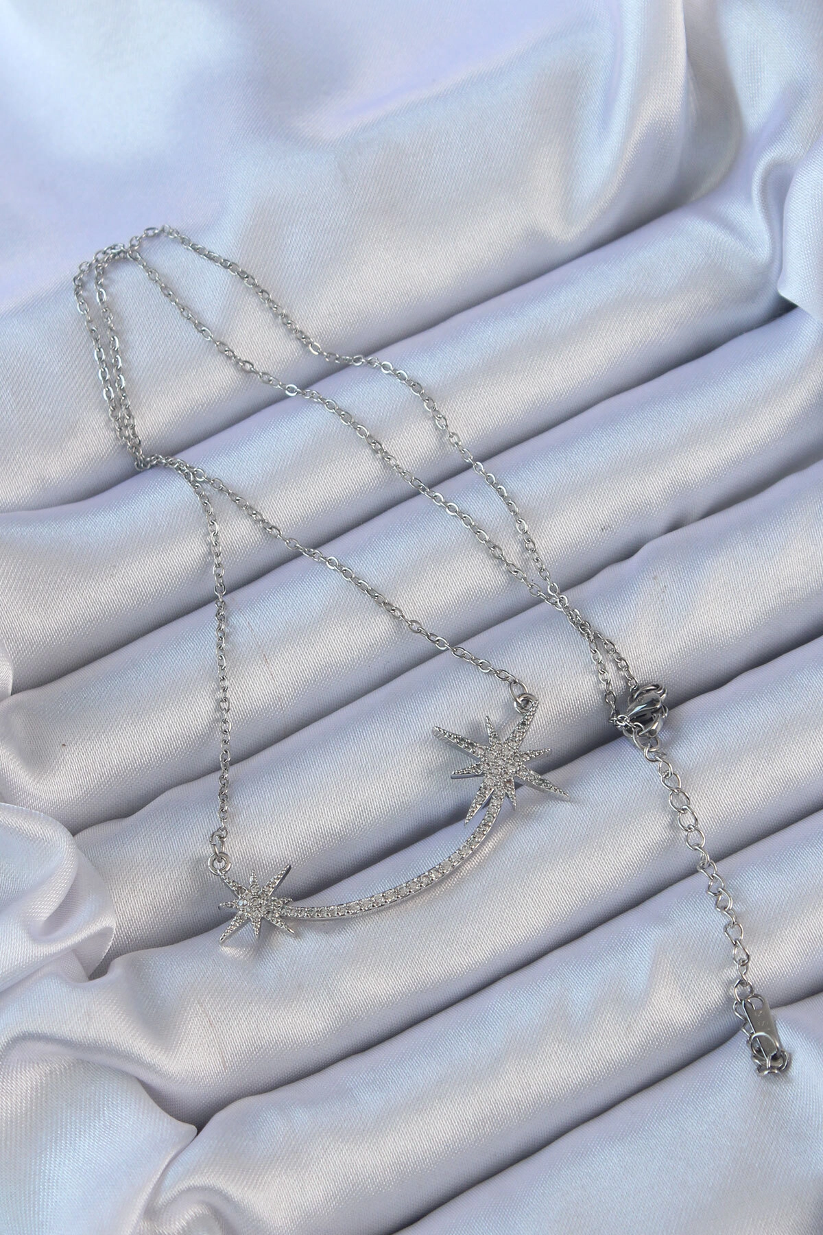 316L Çelik Zincir Gümüş Renk Zirkon Taşlı Kutup Yıldızı Kolye-1