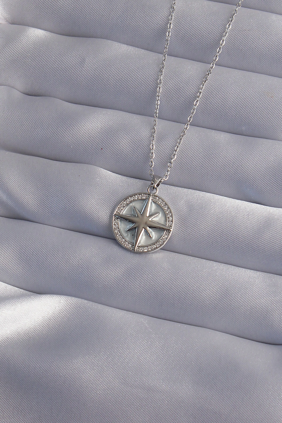 316L Çelik Zincir Gümüş Renk Zirkon Taşlı Kutup Yıldızı Kolye-0