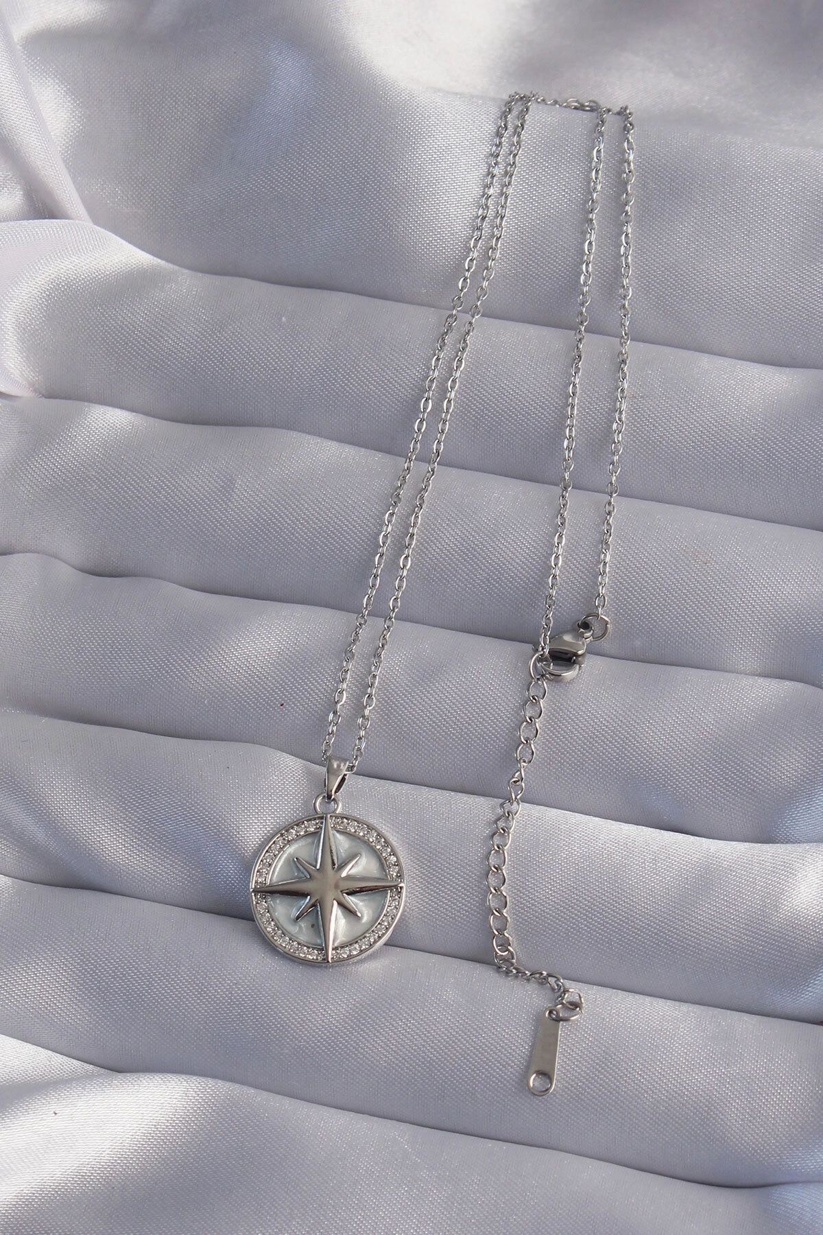 316L Çelik Zincir Gümüş Renk Zirkon Taşlı Kutup Yıldızı Kolye-1