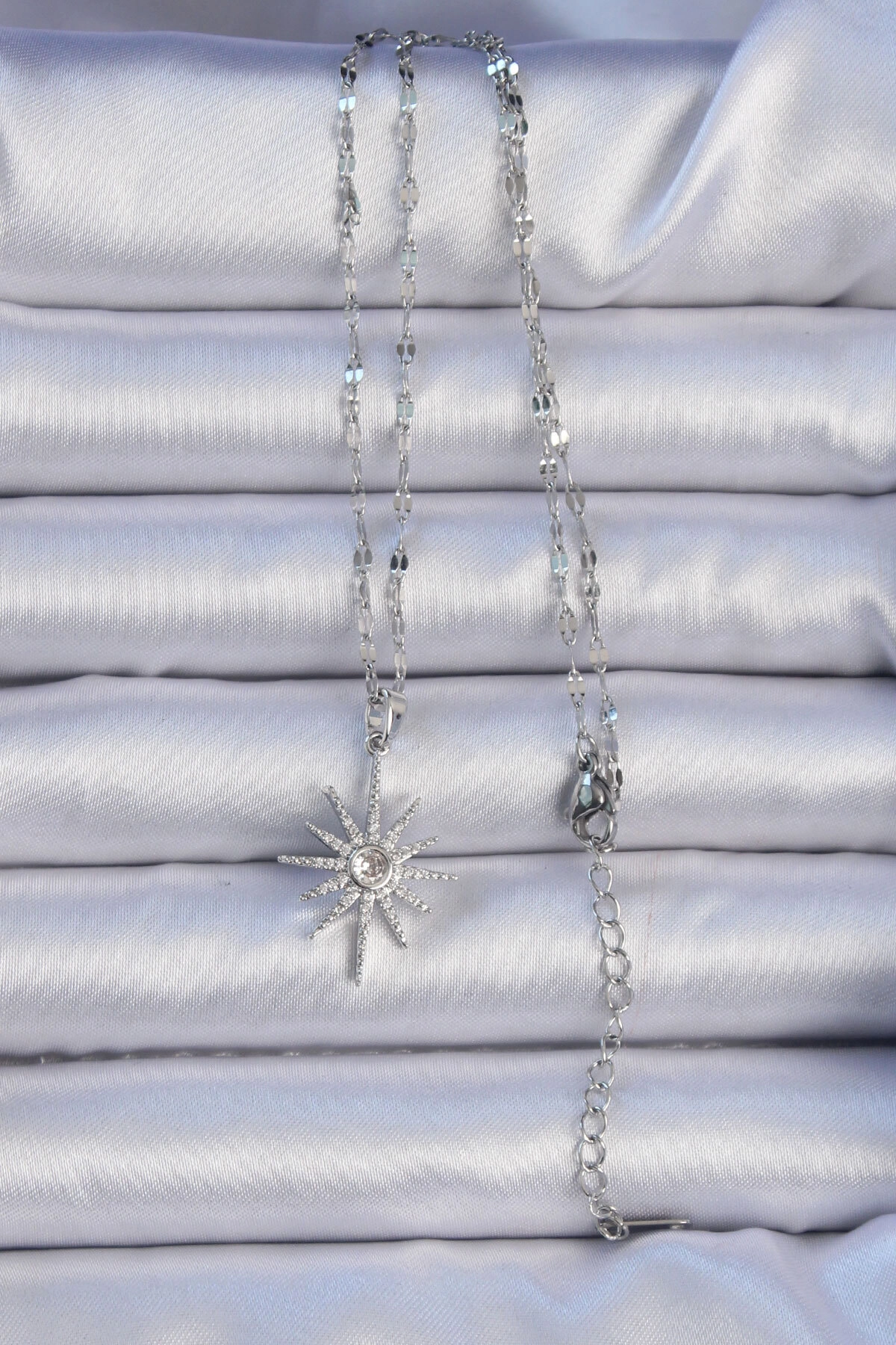 316L Çelik Zincir Gümüş Renk Zirkon Taşlı Kutup Yıldızı Kolye-1