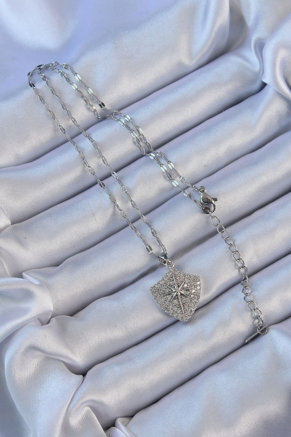 316L Çelik Zincir Gümüş Renk Zirkon Taşlı Kutup Yıldızı Kolye-1