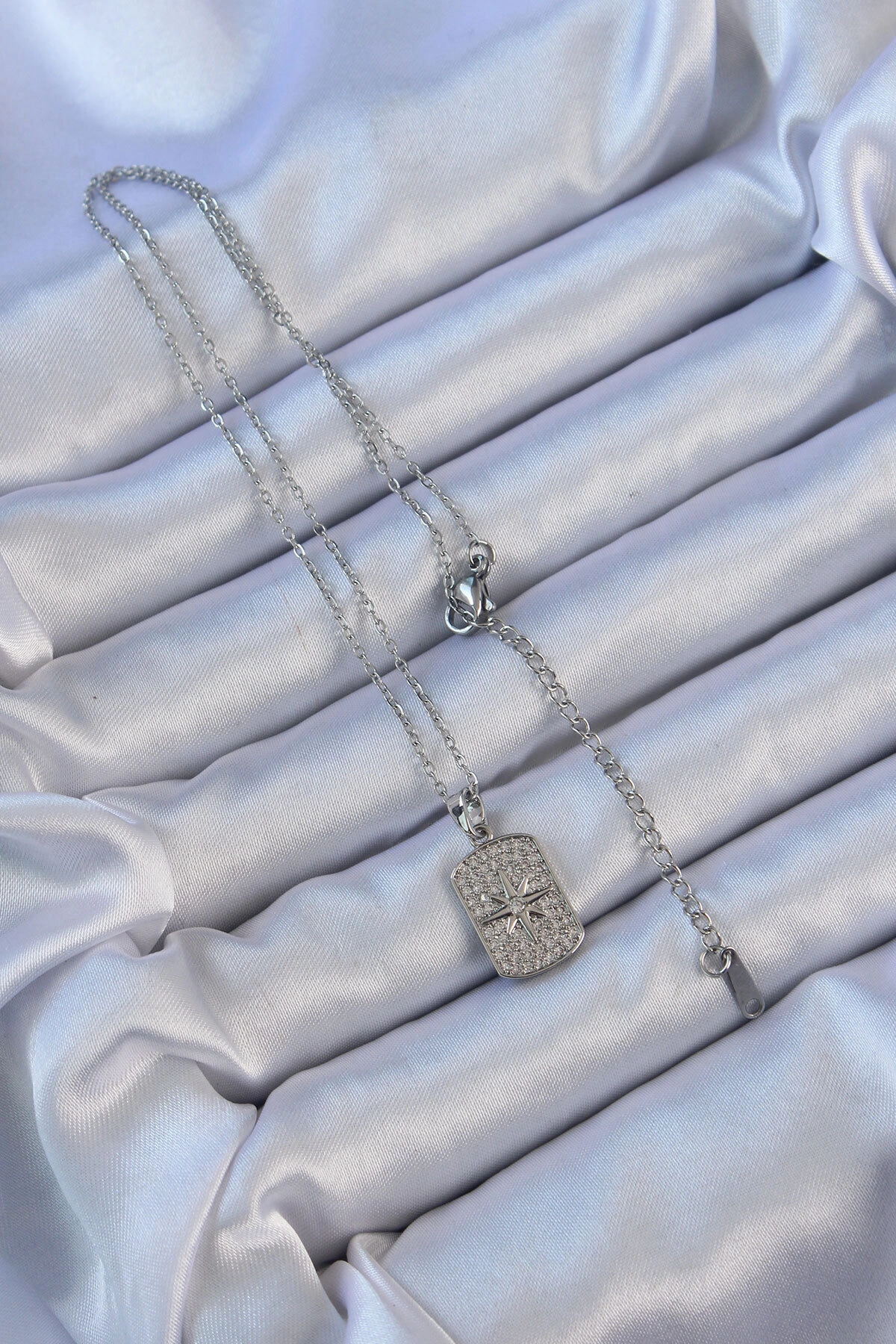 316L Çelik Zincir Gümüş Renk Zirkon Taşlı Kutup Yıldızlı Vintage Kolye-1