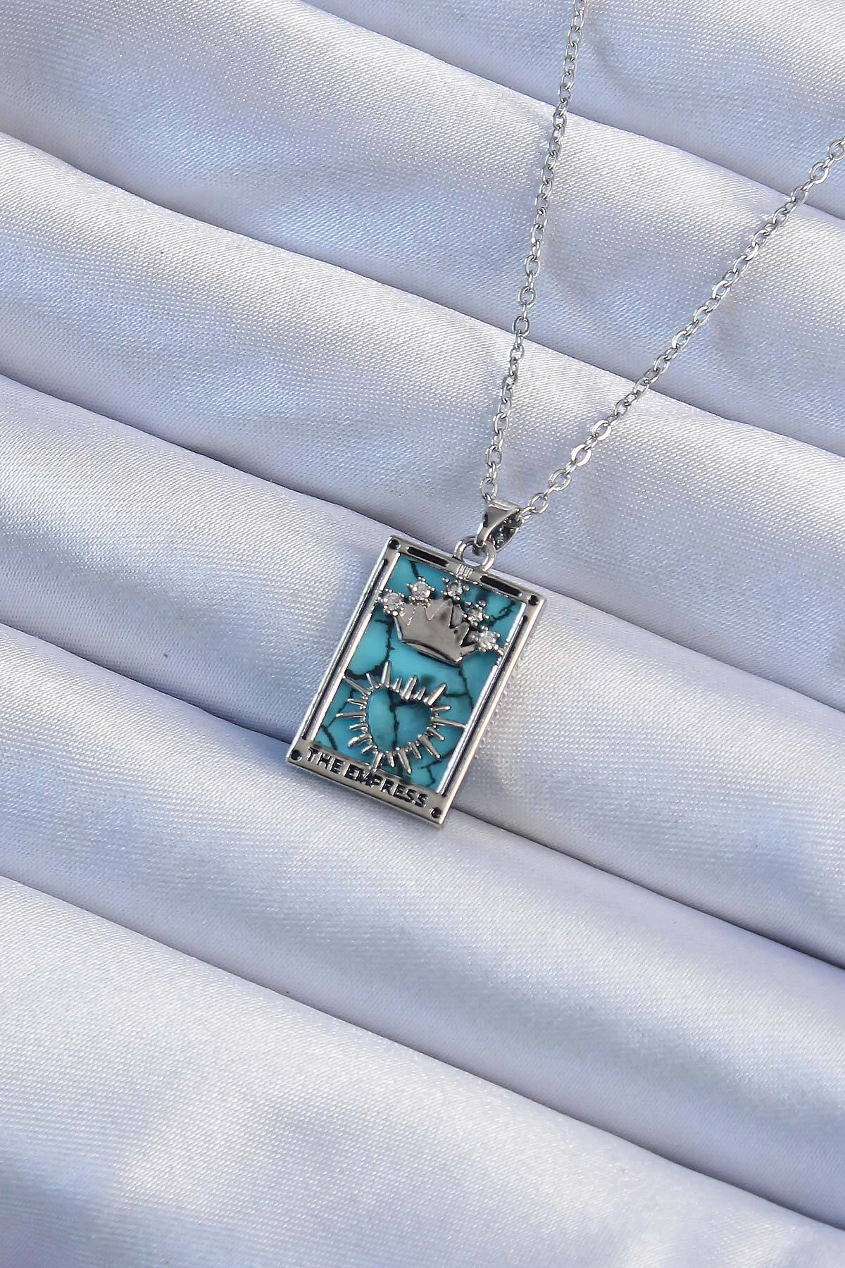 316L Çelik Zincir Gümüş Renk Zirkon Taşlı Mavi Mermer Desenli Taç Model Tarot Kolye-0