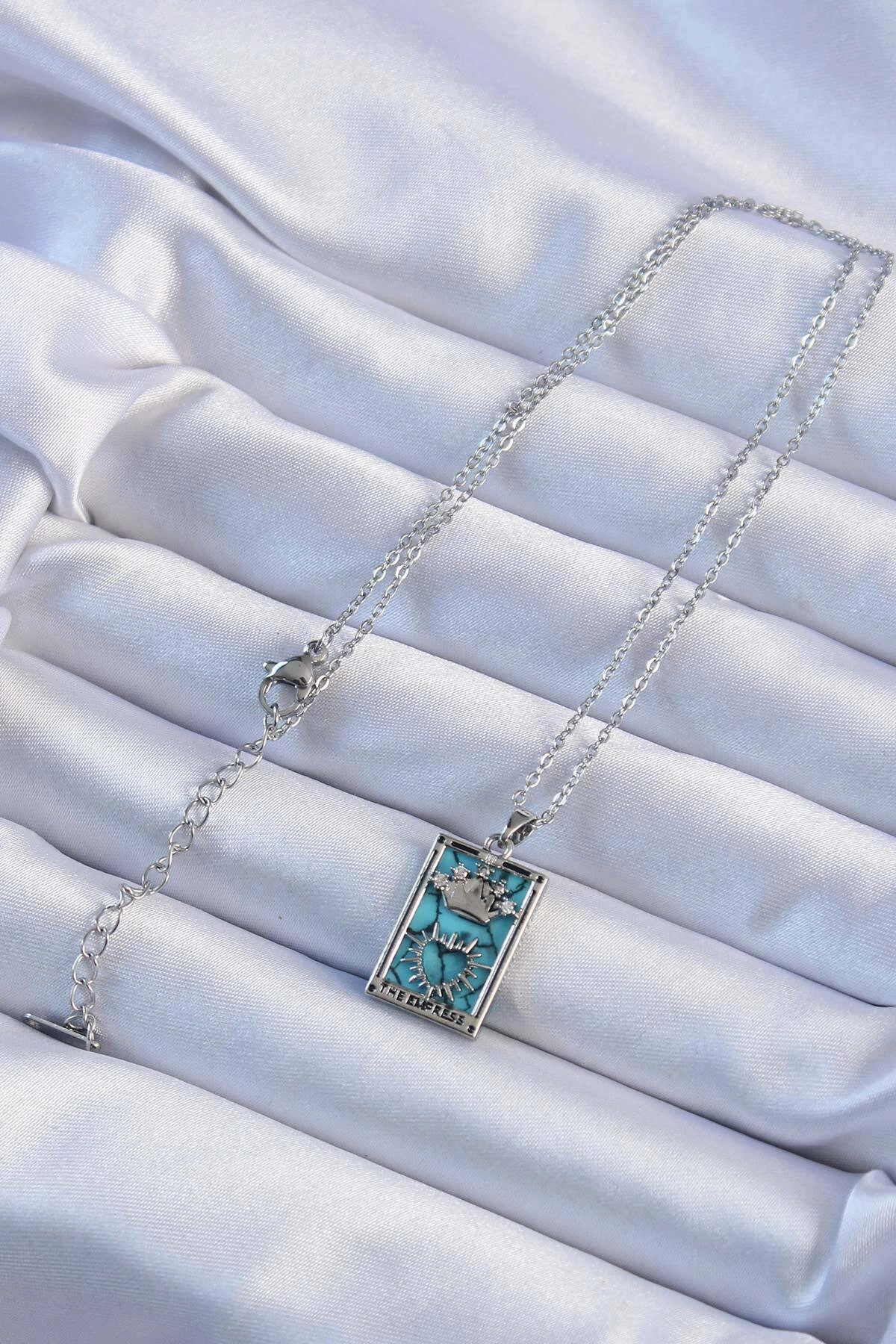 316L Çelik Zincir Gümüş Renk Zirkon Taşlı Mavi Mermer Desenli Taç Model Tarot Kolye-1