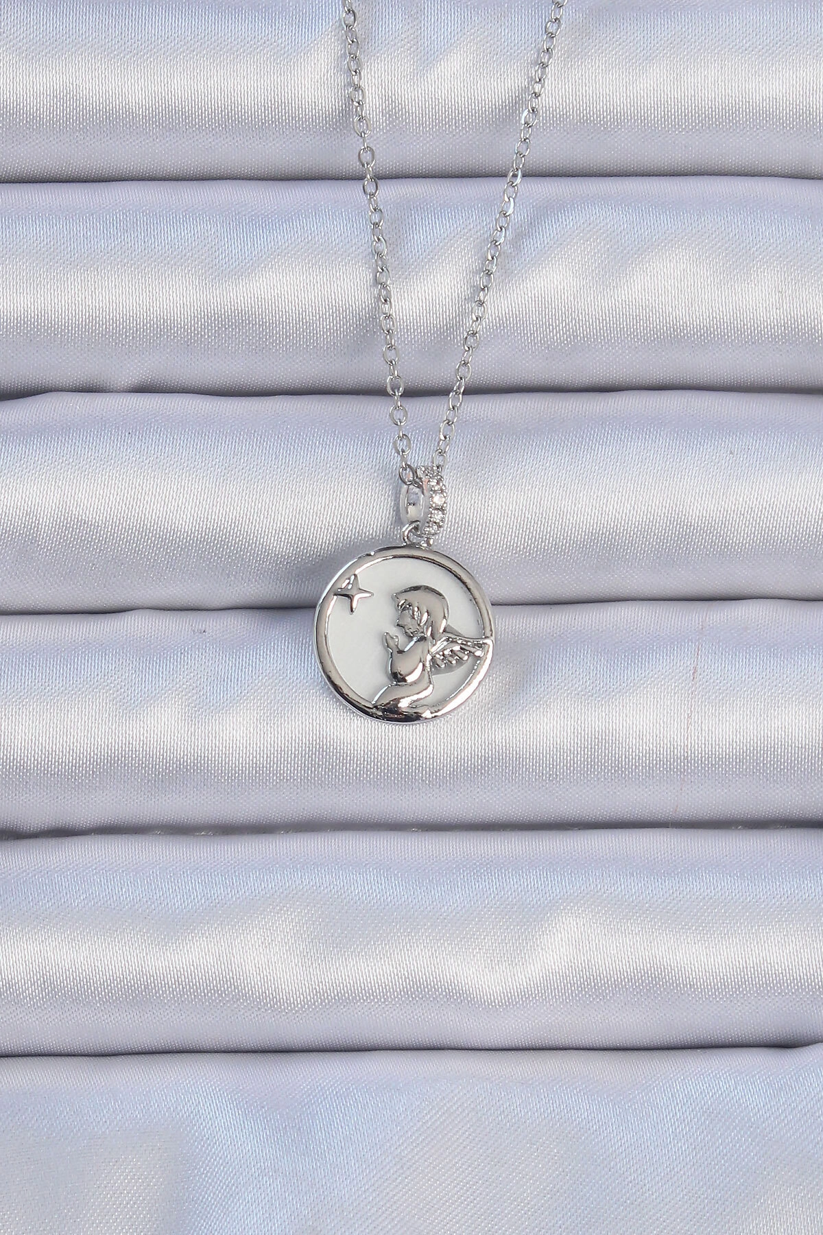 316L Çelik Zincir Gümüş Renk Zirkon Taşlı Mineli Melek Kolye-0