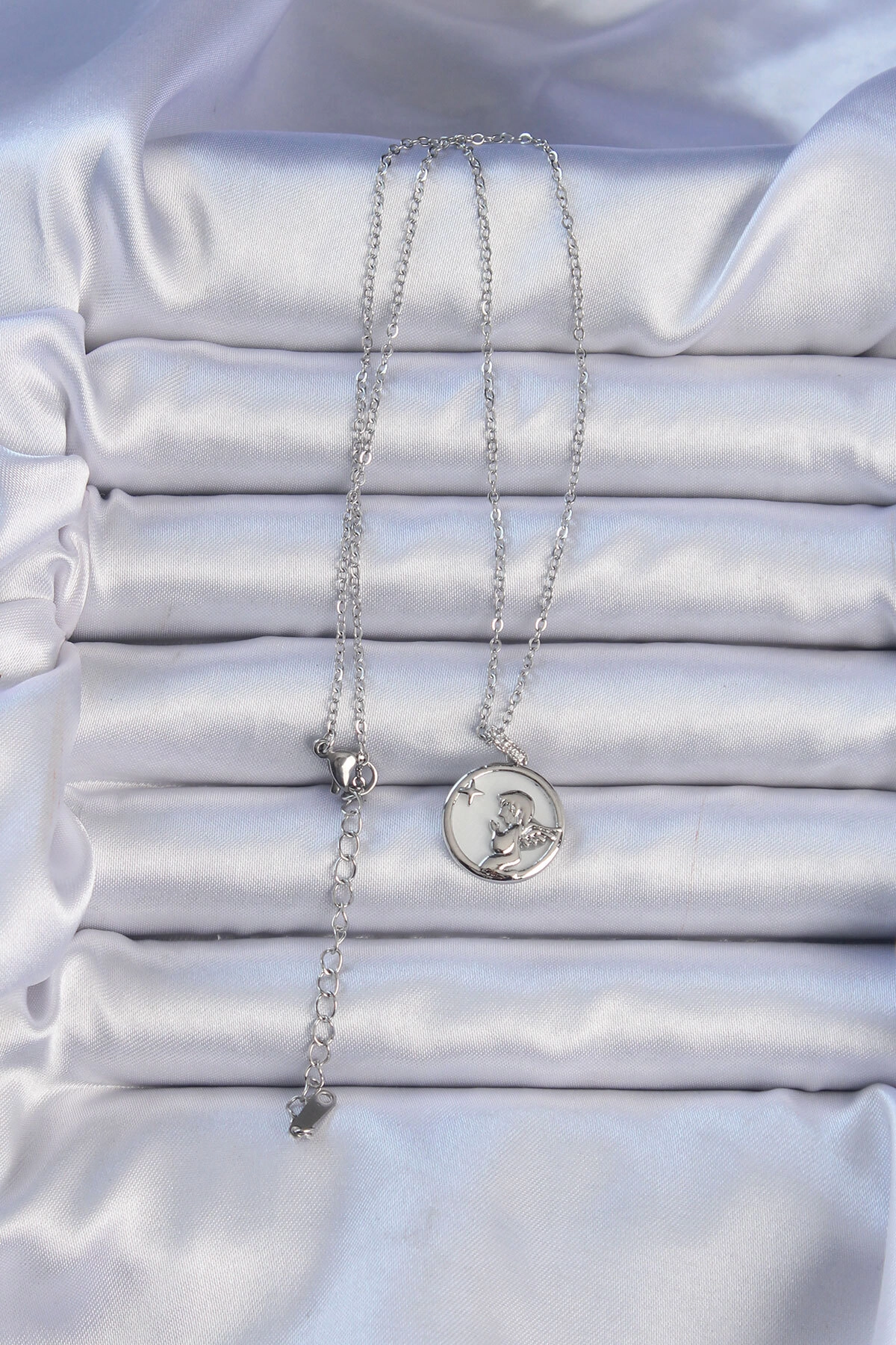 316L Çelik Zincir Gümüş Renk Zirkon Taşlı Mineli Melek Kolye-1