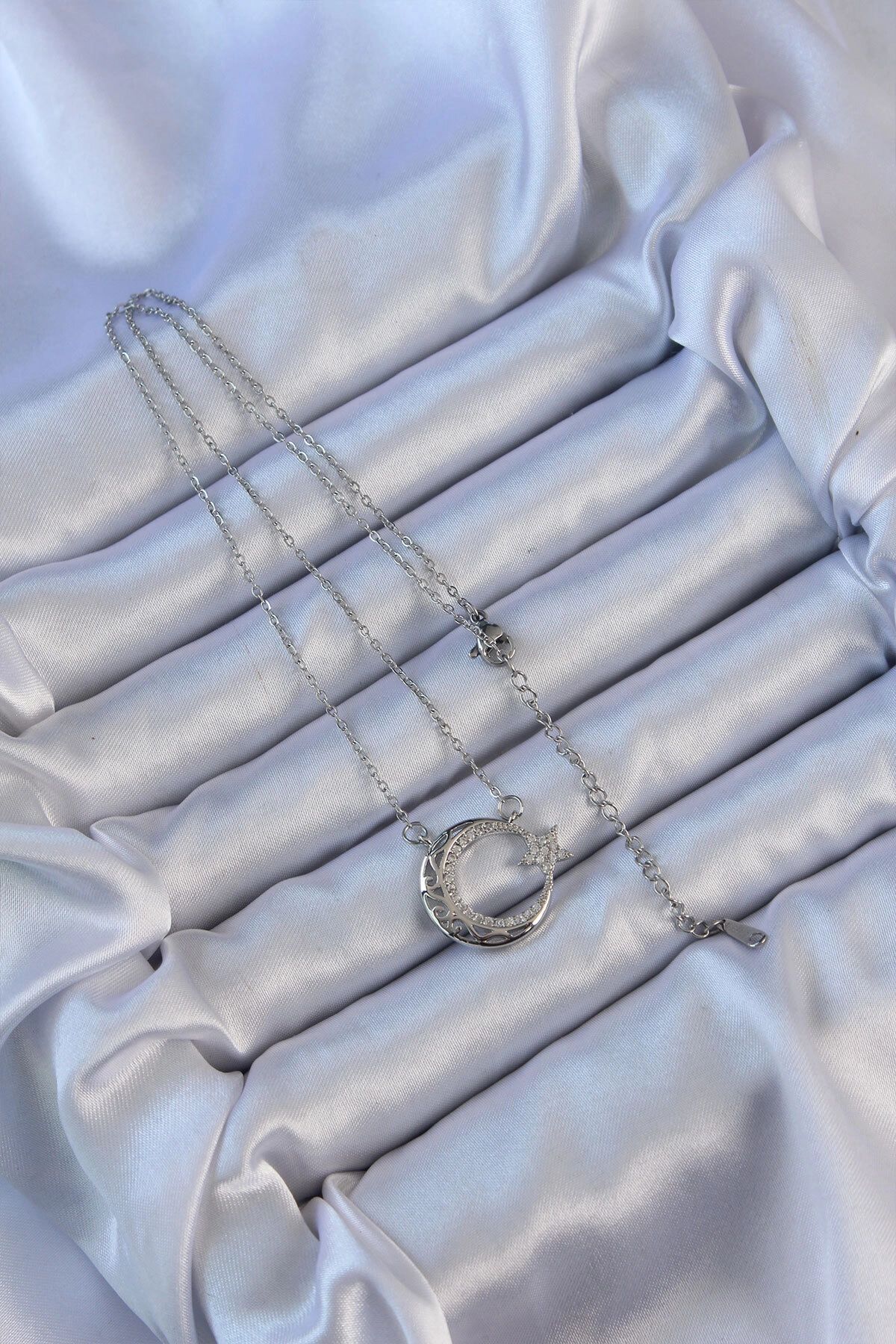 316L Çelik Zincir Gümüş Renk Zirkon Taşlı Motifli Ay Yıldız Kolye-1