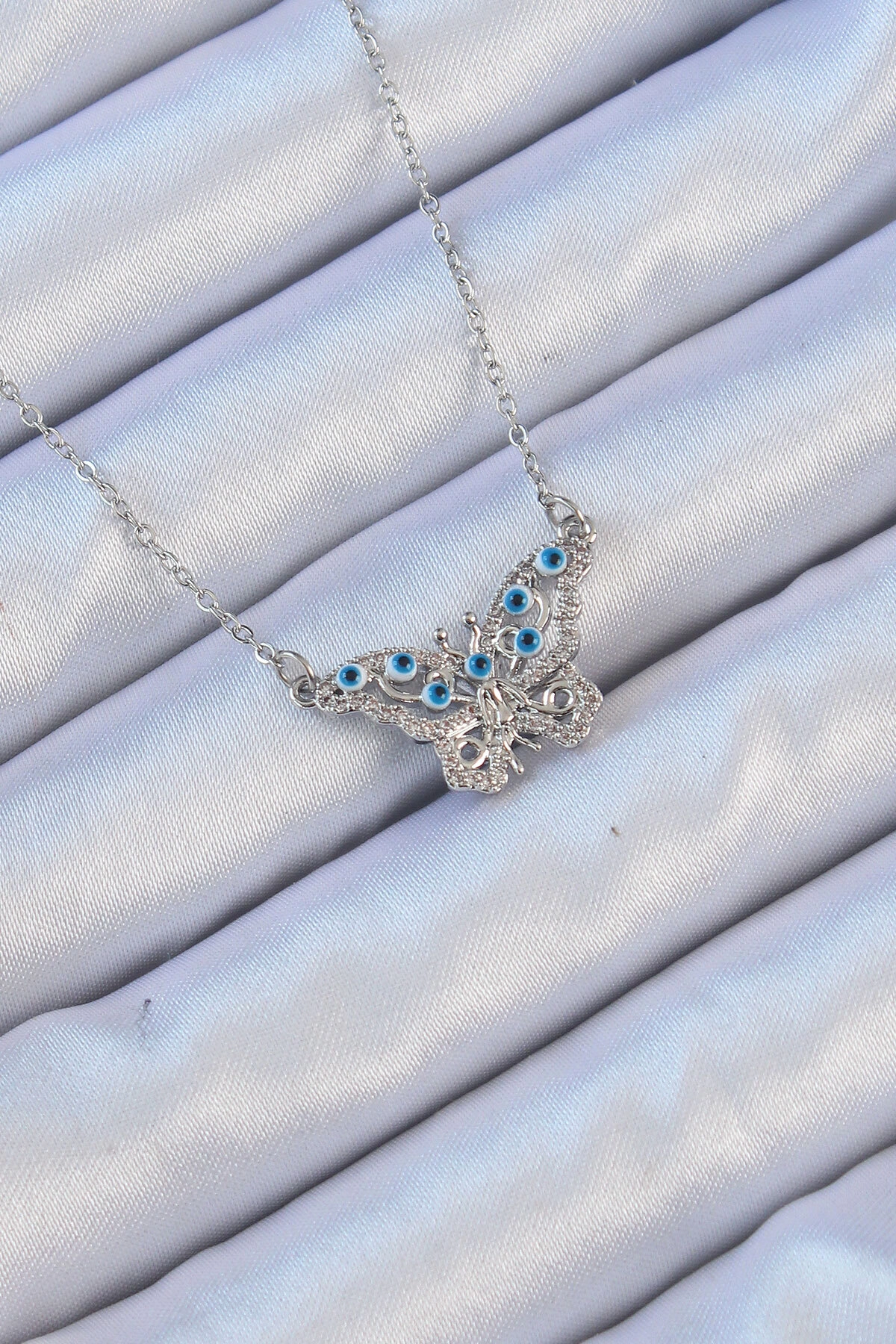 316L Çelik Zincir Gümüş Renk Zirkon Taşlı Nazarlı Kelebek Kolye-0