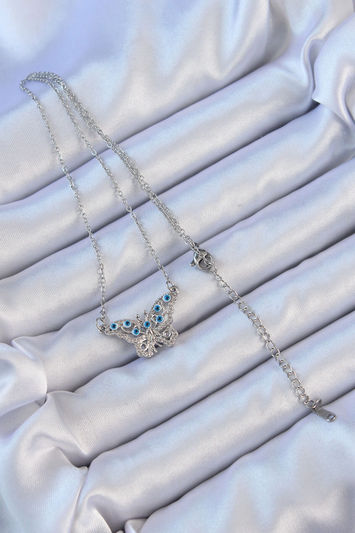 316L Çelik Zincir Gümüş Renk Zirkon Taşlı Nazarlı Kelebek Kolye-1