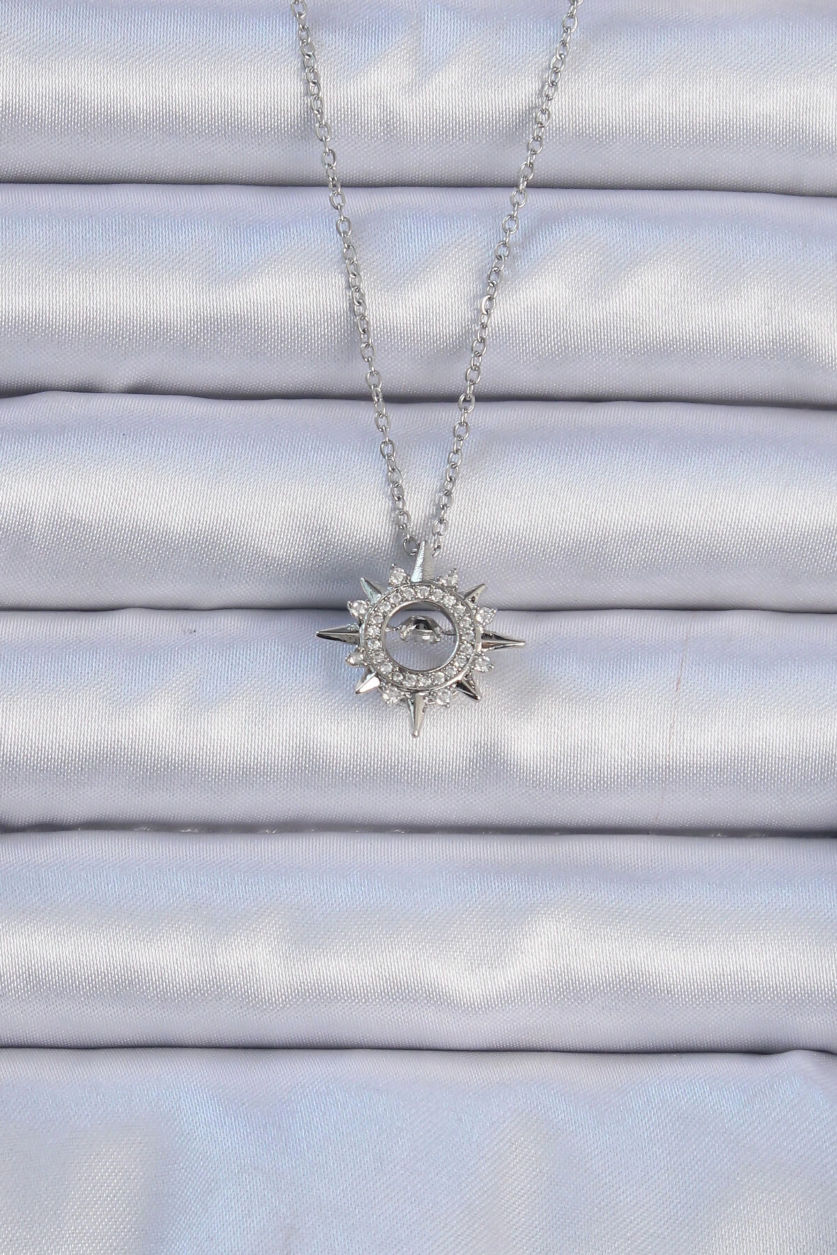 316L Çelik Zincir Gümüş Renk Zirkon Taşlı Parlayan Yıldız Kolye-0