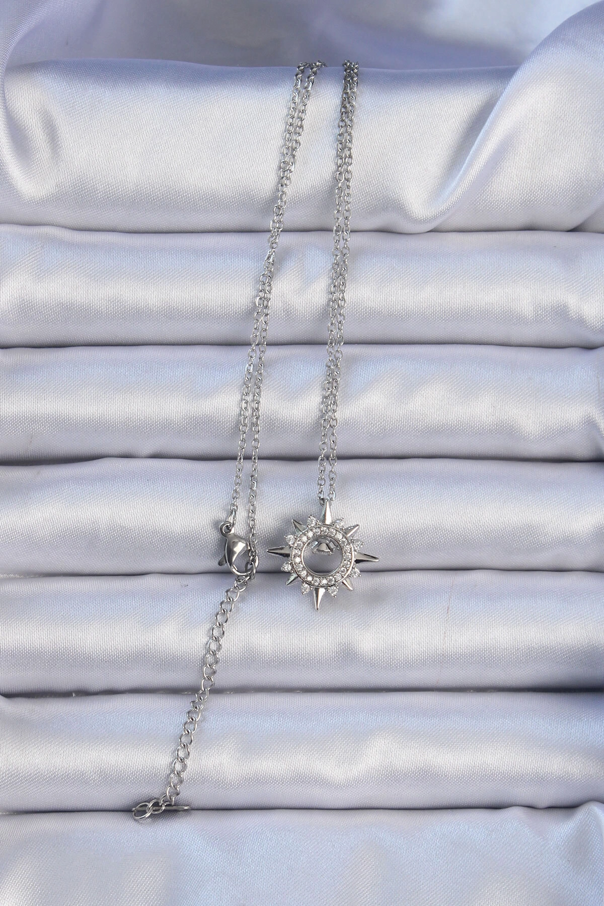 316L Çelik Zincir Gümüş Renk Zirkon Taşlı Parlayan Yıldız Kolye-1