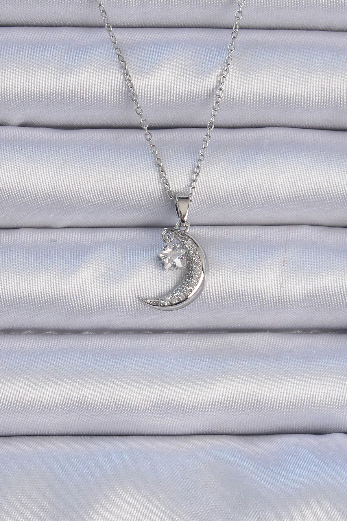 316L Çelik Zincir Gümüş Renk Zirkon Taşlı Sallantılı Ay Yıldız Kolye-0