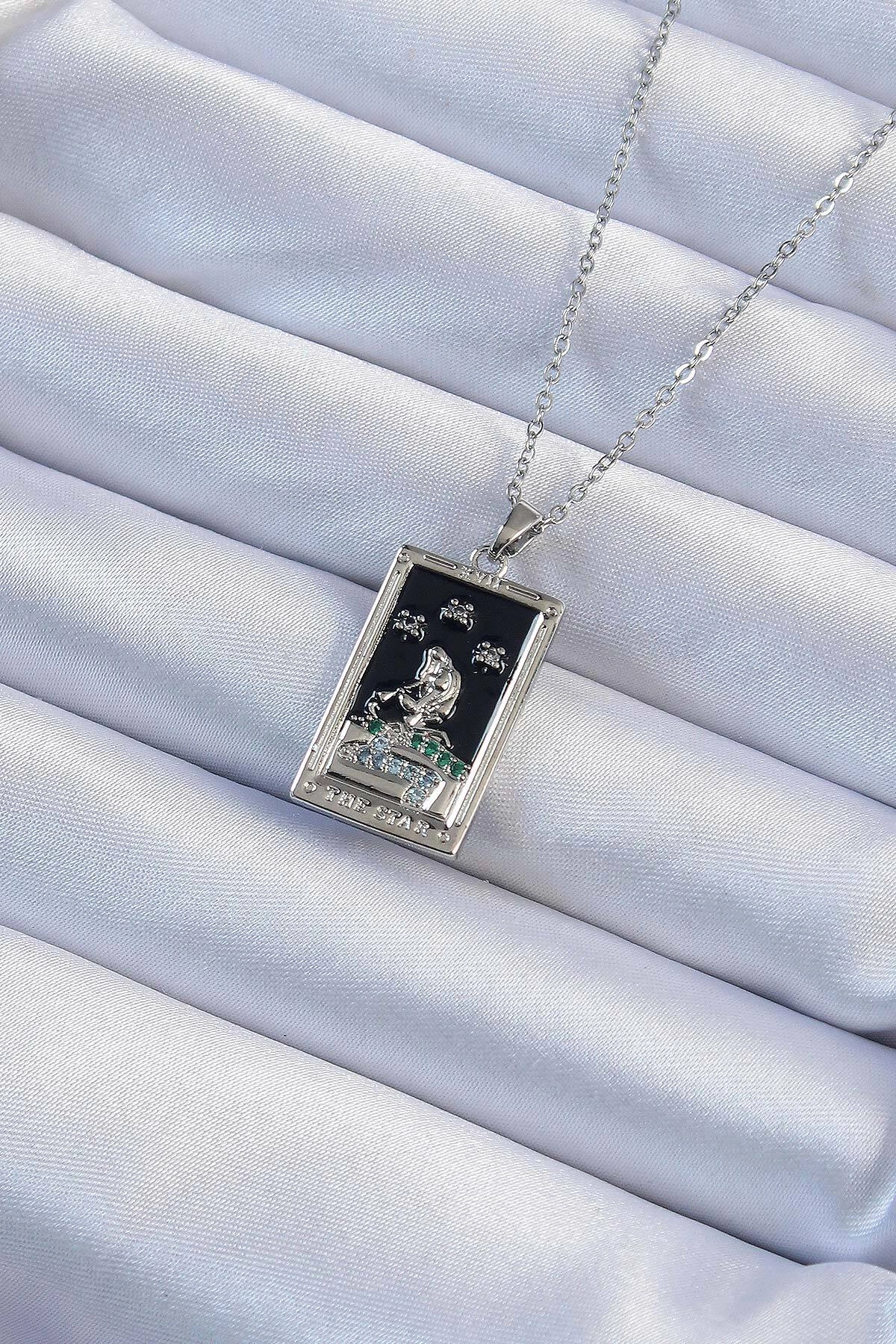 316L Çelik Zincir Gümüş Renk Zirkon Taşlı Siyah Mineli Kız Figürlü Tarot Kolye-0