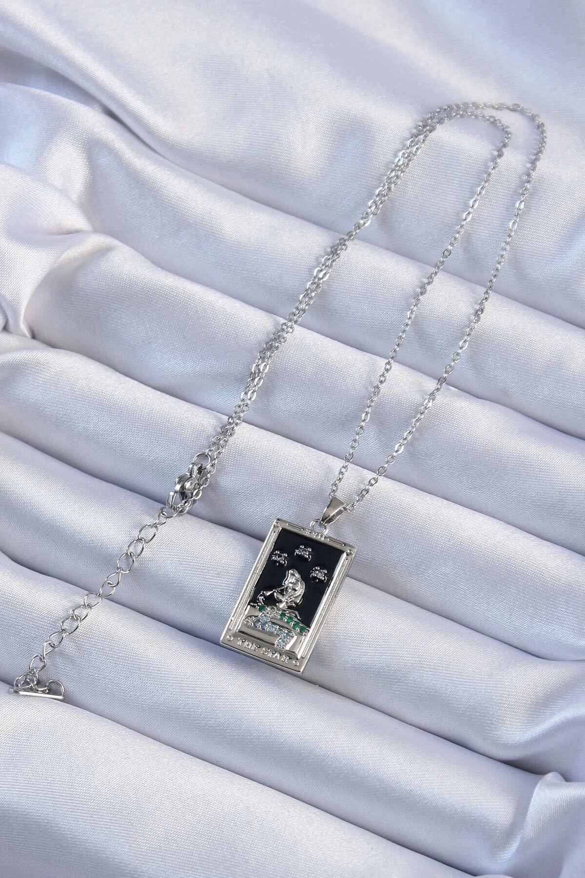 316L Çelik Zincir Gümüş Renk Zirkon Taşlı Siyah Mineli Kız Figürlü Tarot Kolye-1