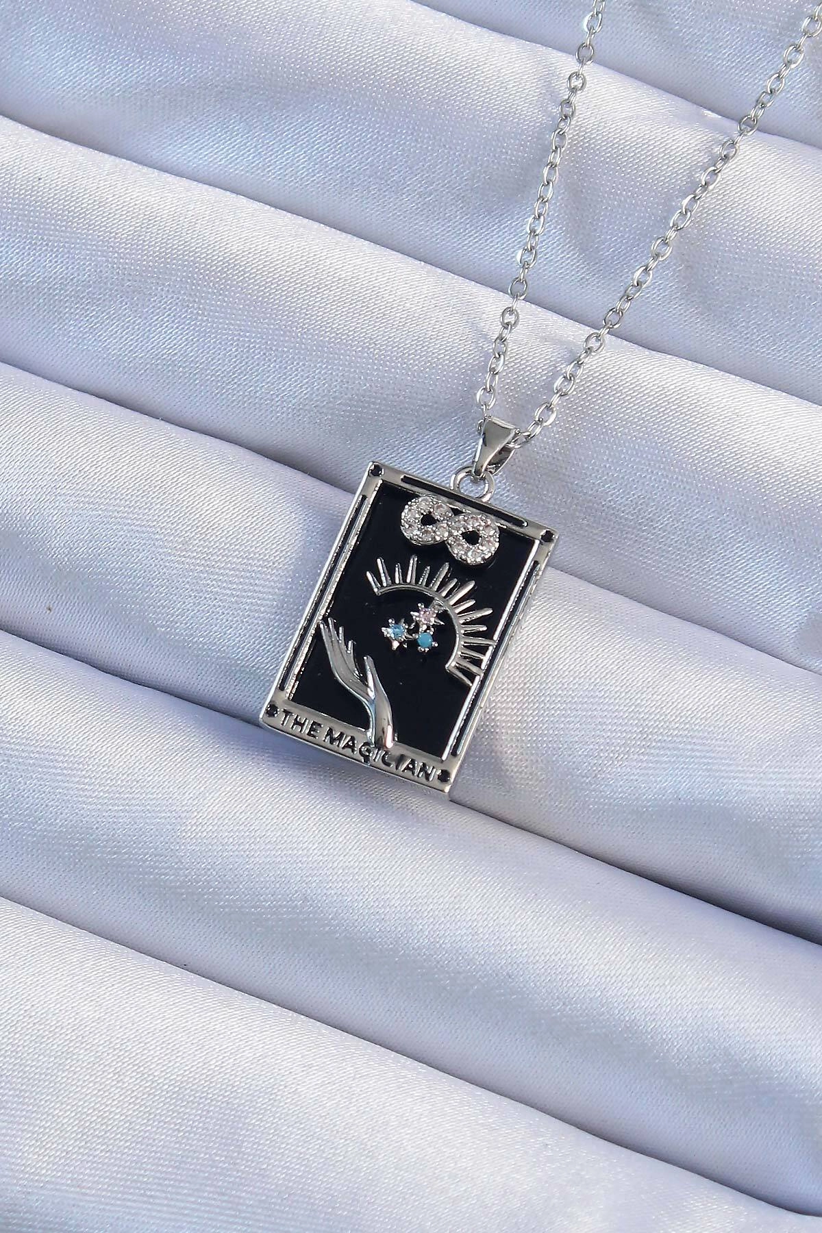 316L Çelik Zincir Gümüş Renk Zirkon Taşlı Sonsuzluk Figürlü Tarot Kolye-0