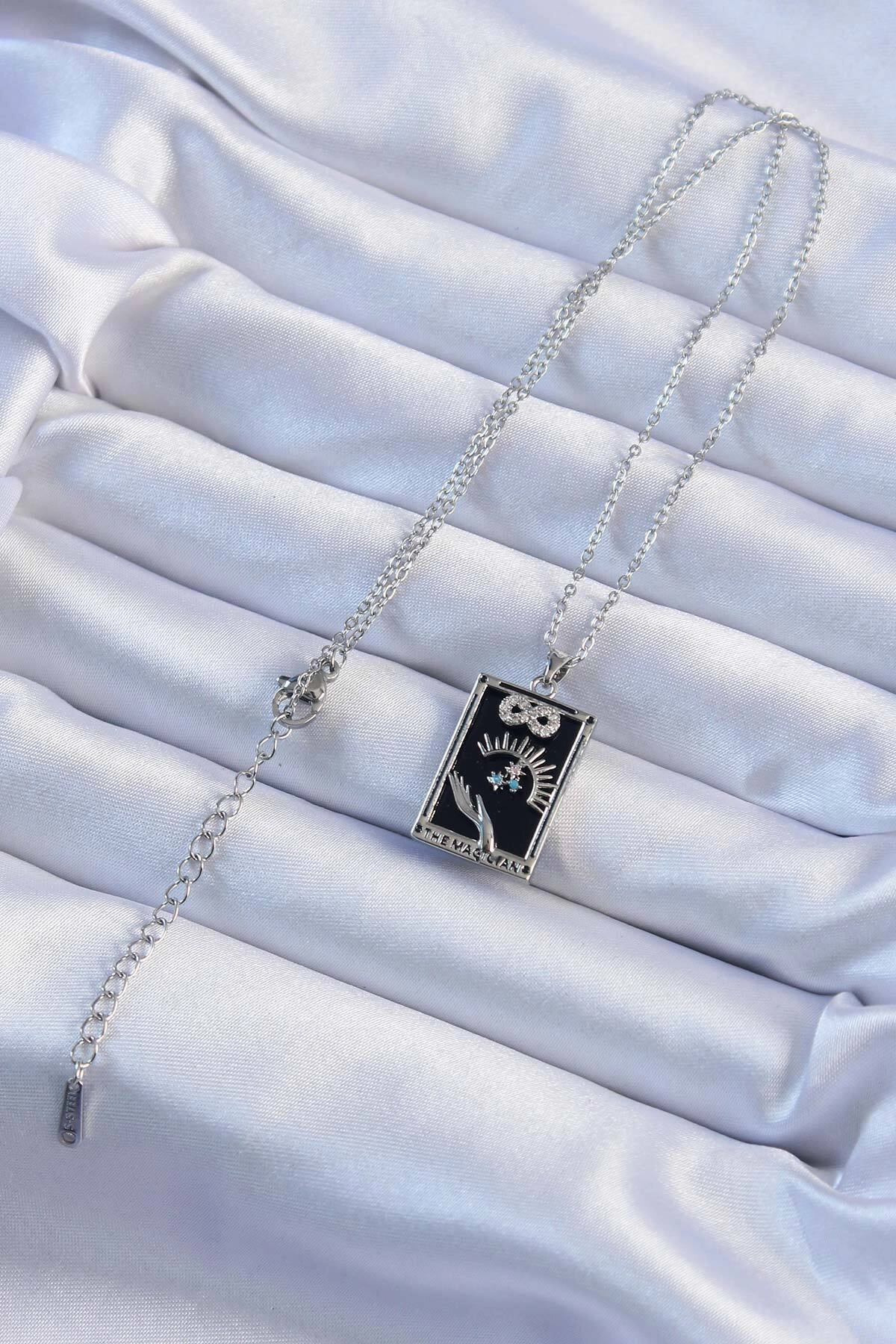 316L Çelik Zincir Gümüş Renk Zirkon Taşlı Sonsuzluk Figürlü Tarot Kolye-1