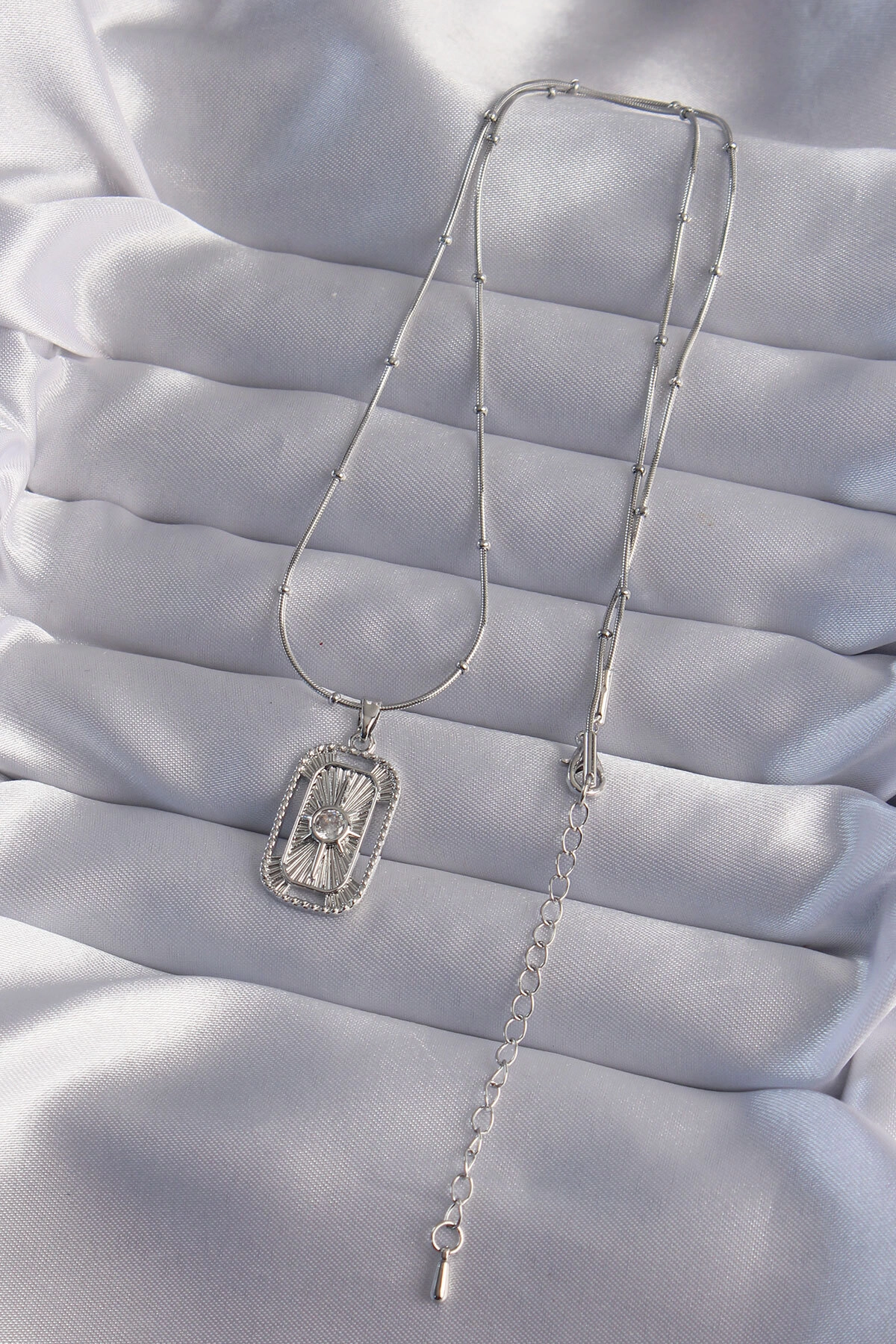 316L Çelik Zincir Gümüş Renk Zirkon Taşlı Tarot Kolye-1