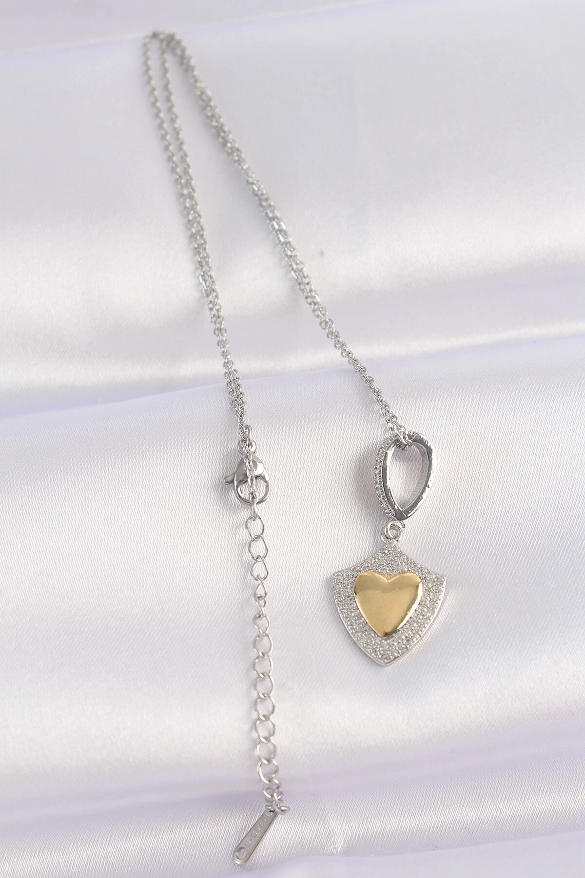 316L Çelik Zincir Gümüş Renk Zirkon Taşlı Tasarım Altın Renk Kalp Kolye-1