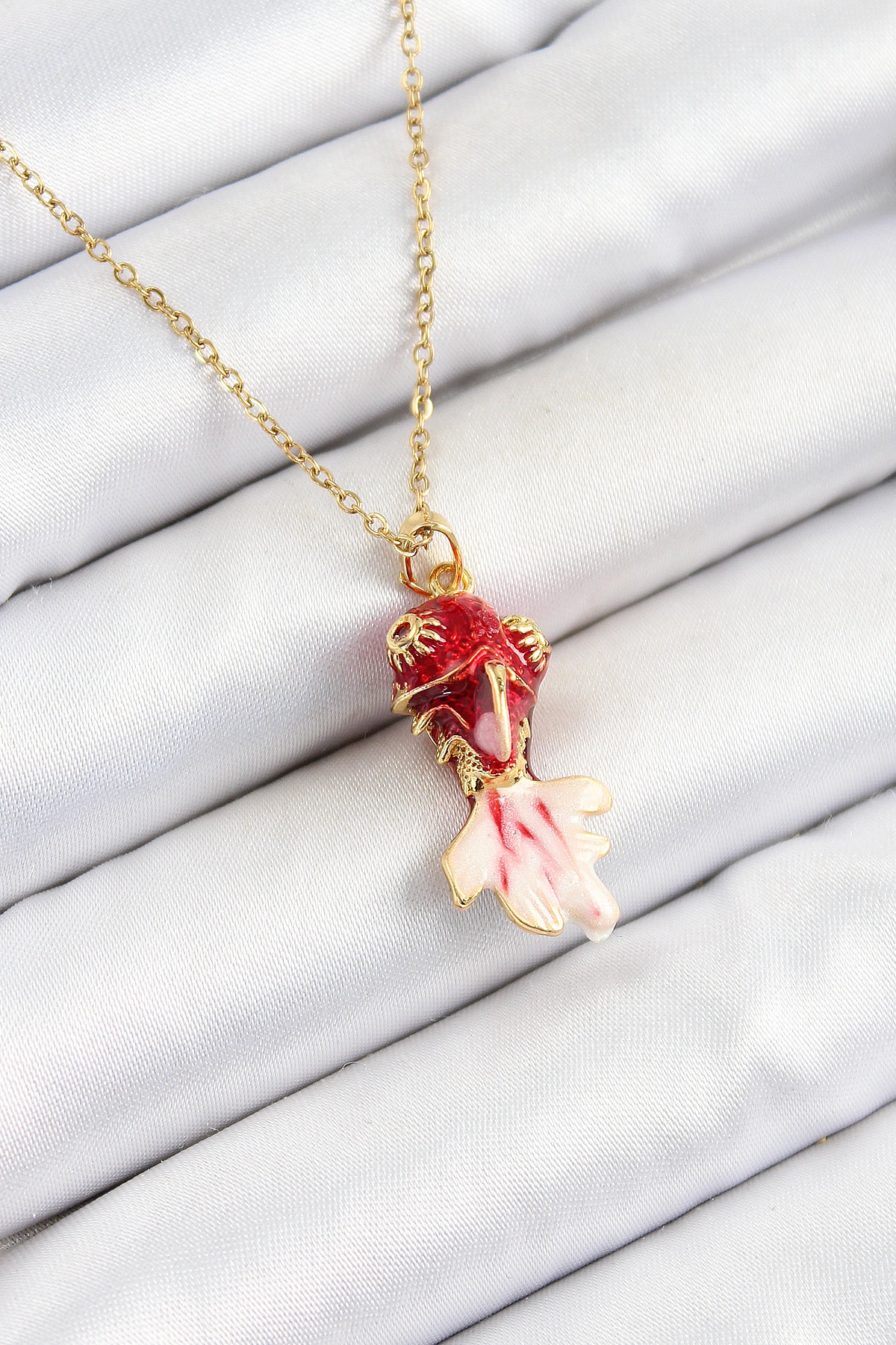 316L Çelik Zincir Kırmızı Balık Model Gold Renk Kadın Kolye-0