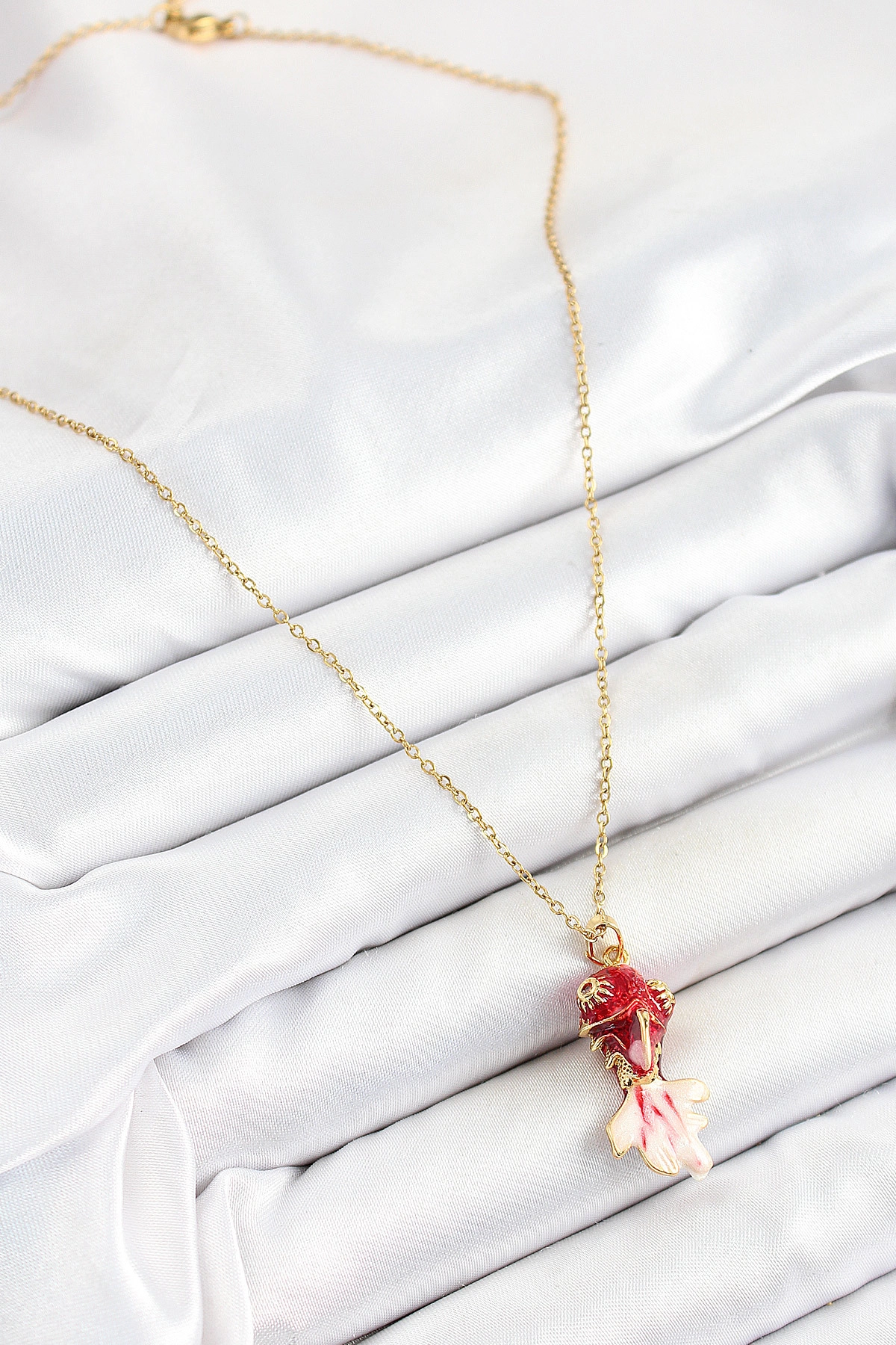 316L Çelik Zincir Kırmızı Balık Model Gold Renk Kadın Kolye-1