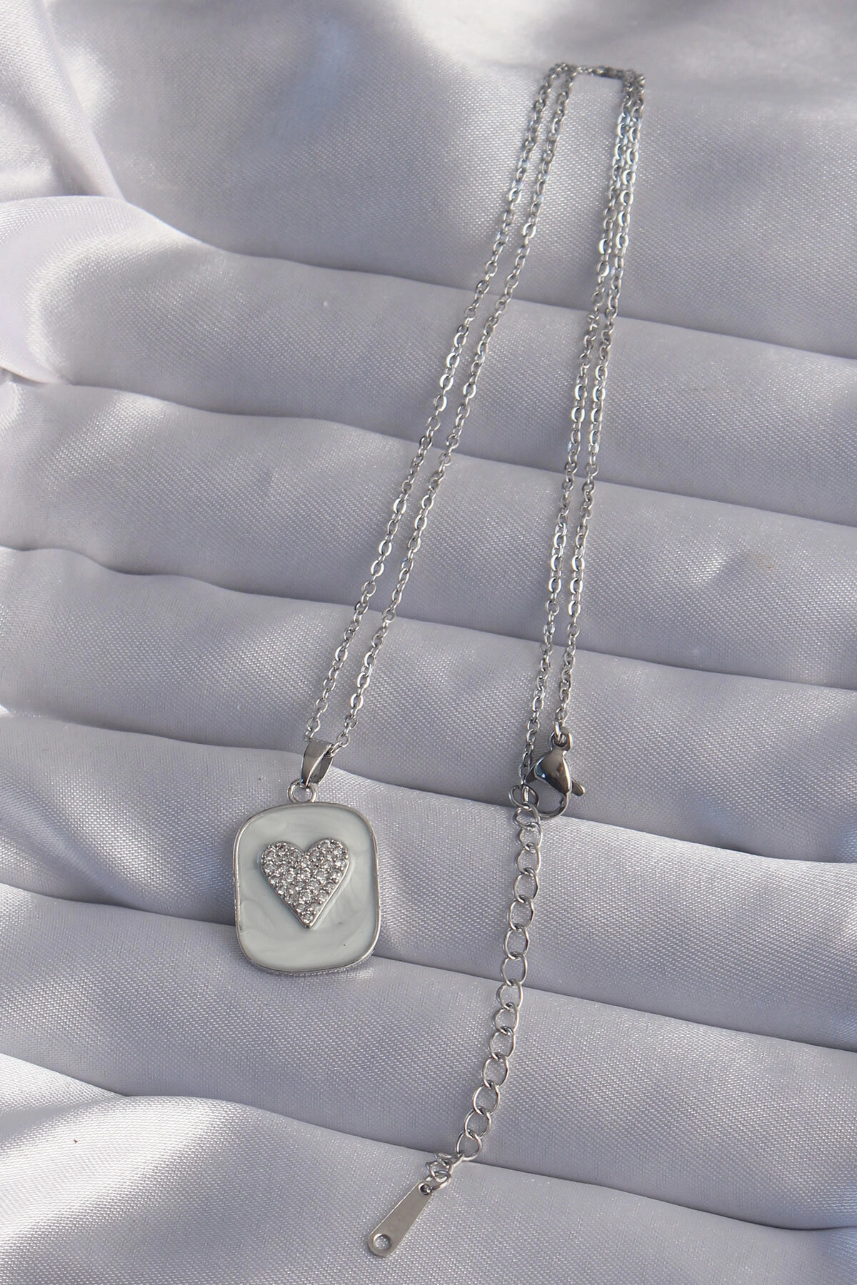 316L Çelik Zincir Mermer Desenli Gümüş Renk Zirkon Taşlı Kalp Model Kolye-1