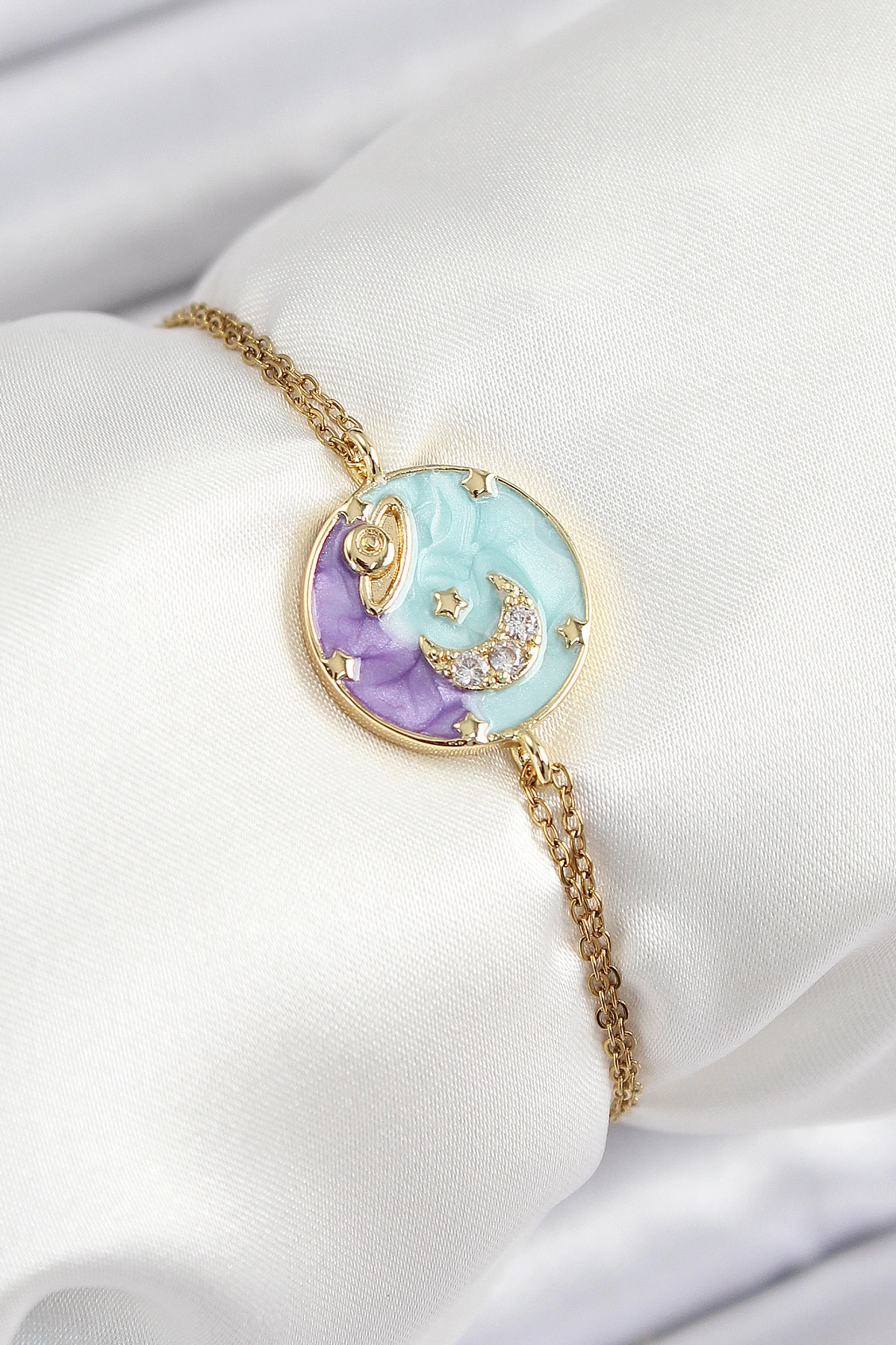 316L Çelik Zincir Mineli Sanatsal Portre Zirkon Taşlı Gezegen Model Gold Renk Kadın Bileklik-0