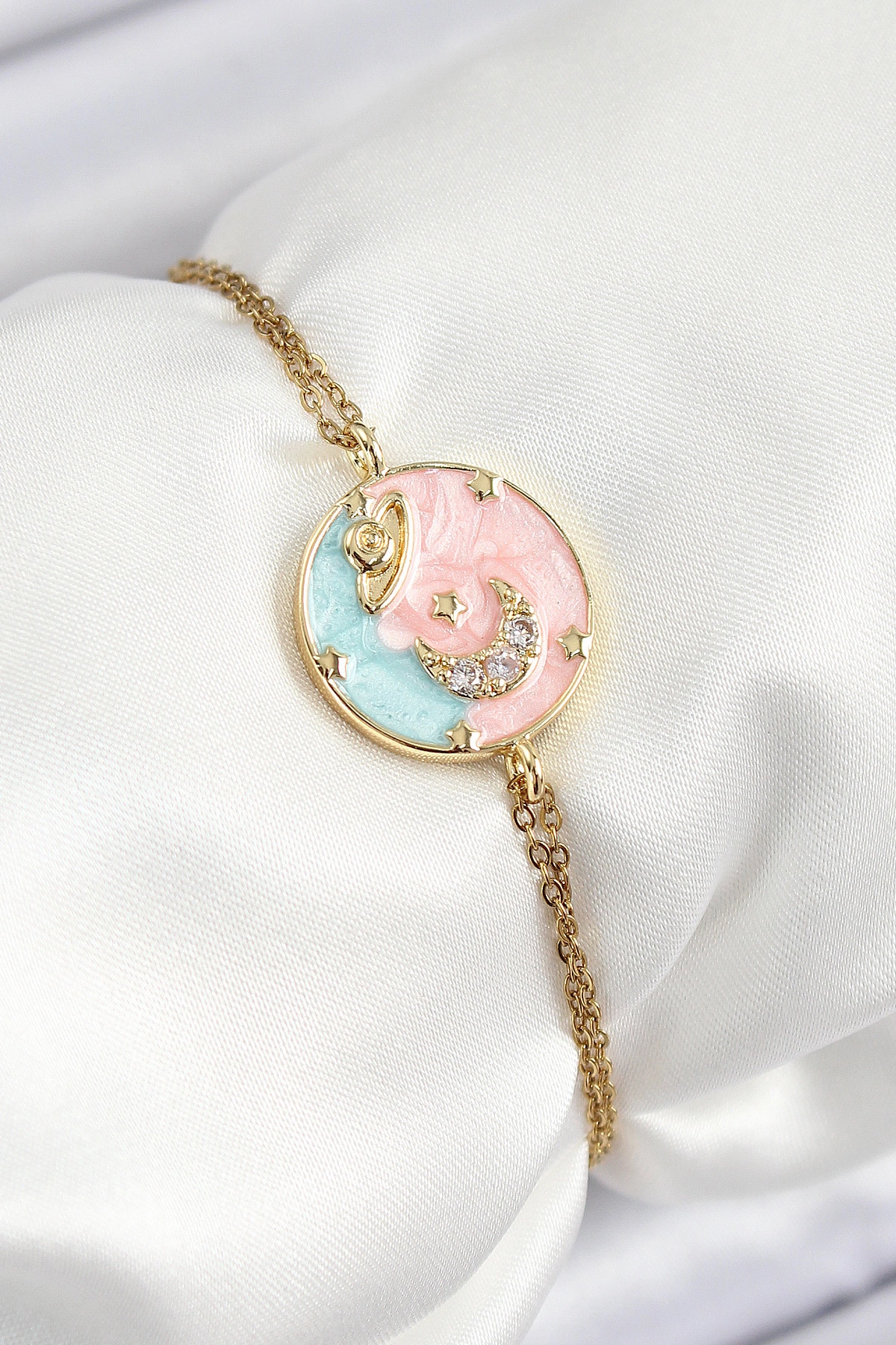 316L Çelik Zincir Mineli Sanatsal Portre Zirkon Taşlı Gezegen Model Gold Renk Kadın Bileklik-0