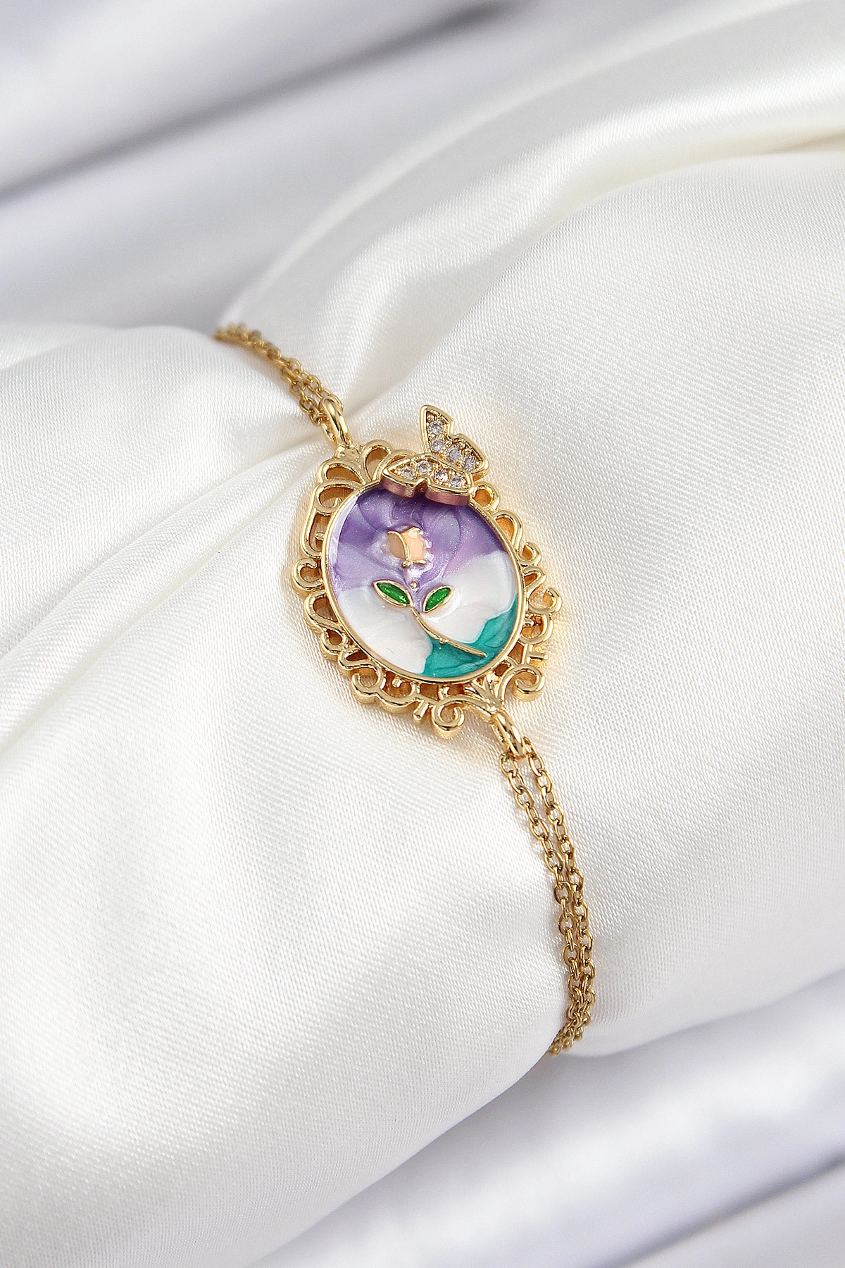 316L Çelik Zincir Mineli Sanatsal Portre Zirkon Taşlı Kelebek Detaylı Çiçek Model Gold Renk Kadın-0