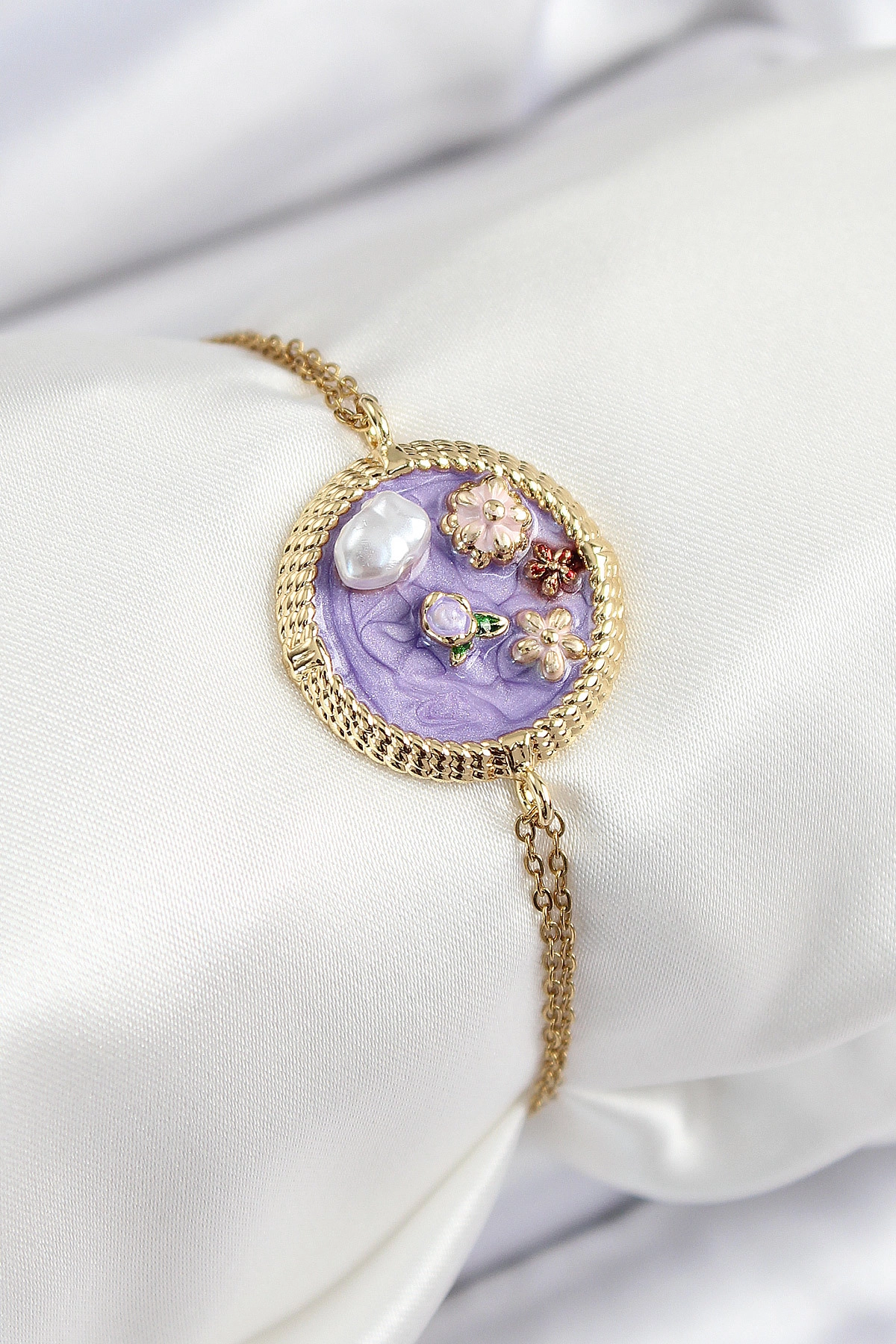 316L Çelik Zincir Mor Mineli Sanatsal Portre İnci Detaylı Çiçek Model Gold Renk Kadın Bileklik-0