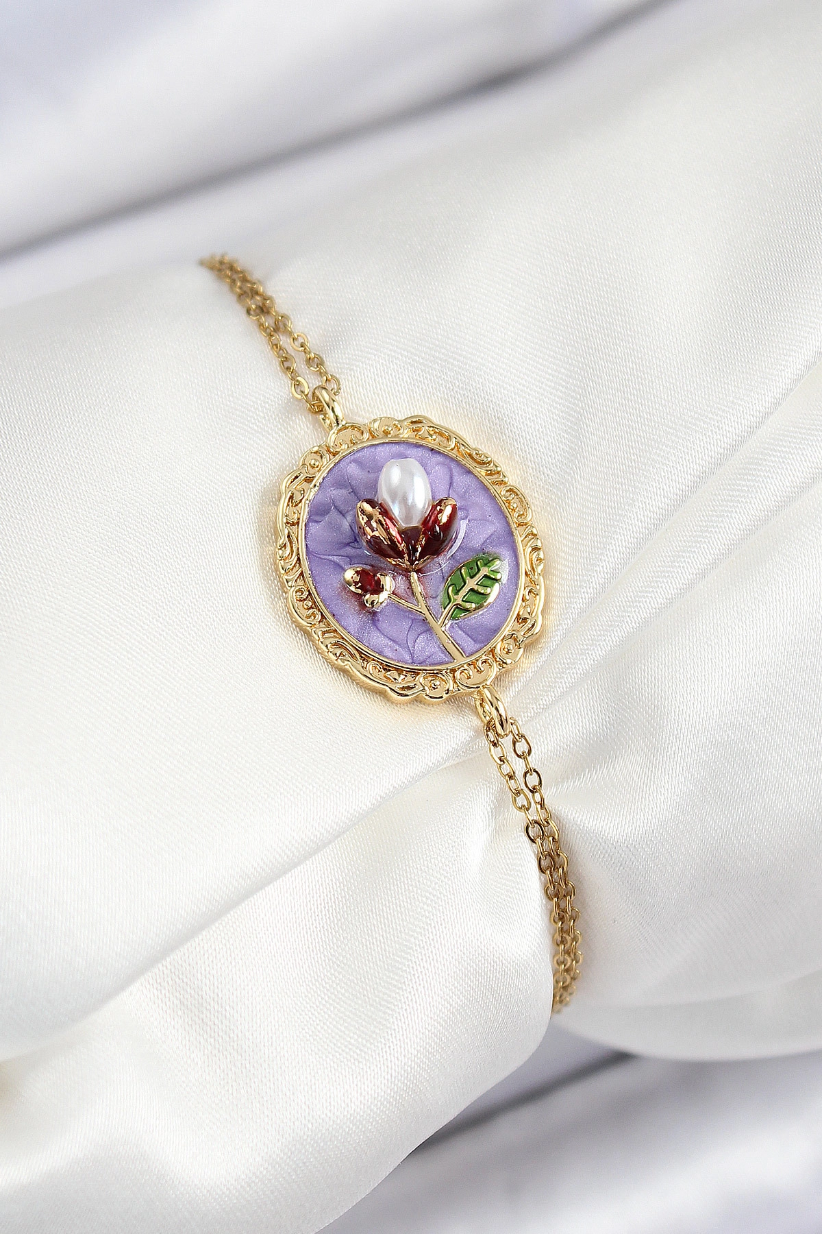 316L Çelik Zincir Mor Mineli Sanatsal Portre İnci Detaylı Lale Model Gold Renk Kadın Bileklik-0