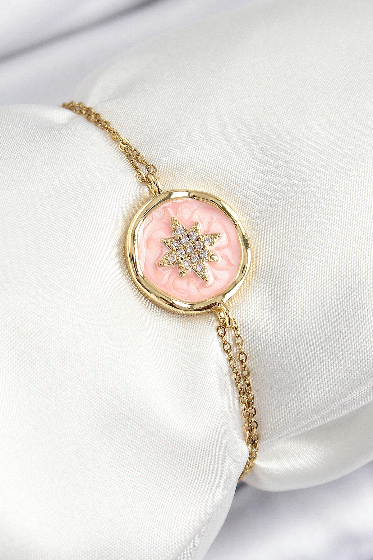 316L Çelik Zincir Pembe Mineli Sanatsal Portre Kuzey Yıldızı Model Gold Renk Kadın Bileklik-0