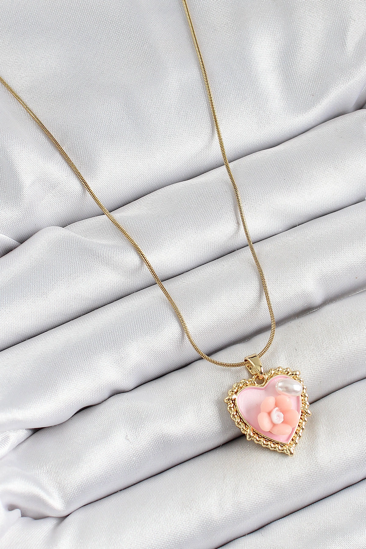 316L Çelik Zincir Pembe Sanatsal Portre İnci Detaylı Papatya Figürlü Kalp Model Gold Renk Kadın-1