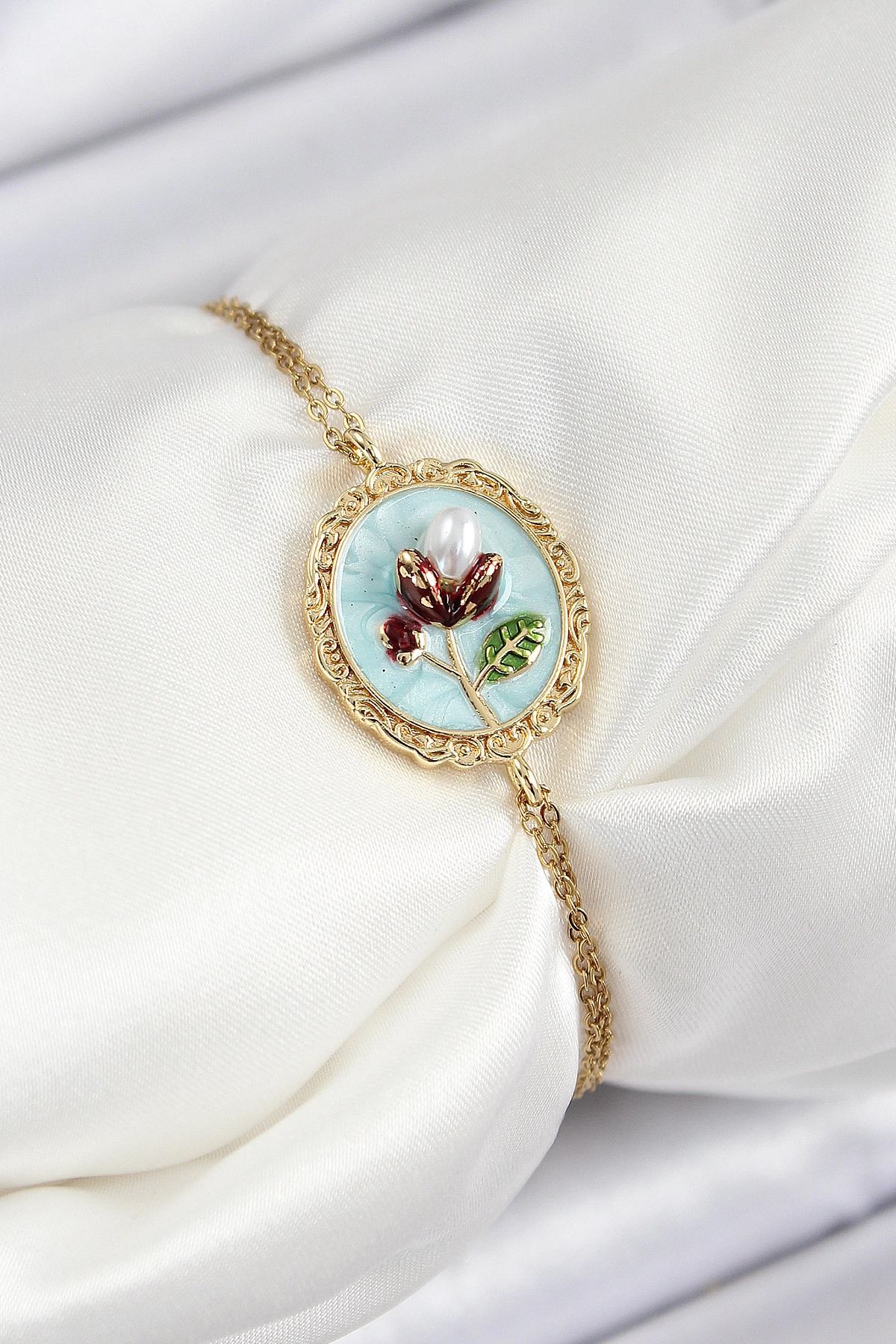 316L Çelik Zincir Turkuaz Mineli Sanatsal Portre İnci Detaylı Lale Model Gold Renk Kadın Bileklik-0