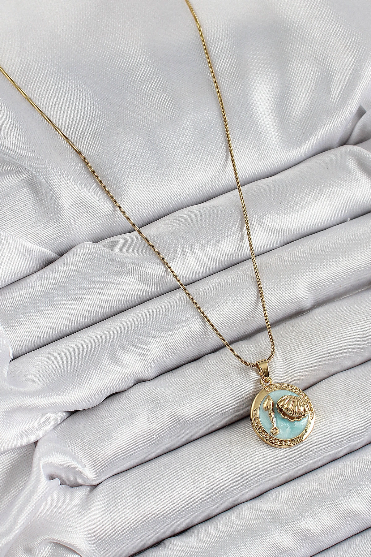 316L Çelik Zincir Turkuaz Mineli Sanatsal Portre İstiridye Model Gold Renk Kadın Kolye-1