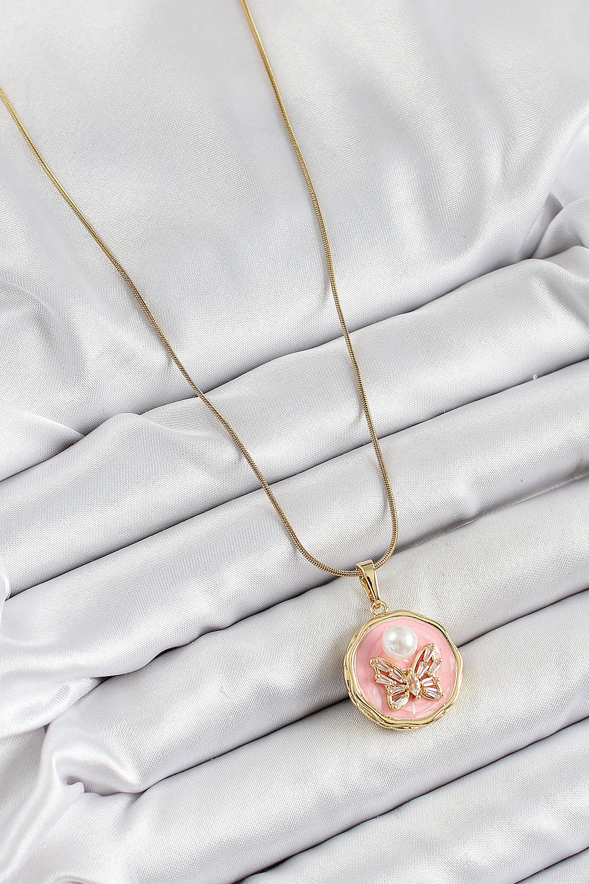 316L Çelik Zincir Zirkon Taşlı Pembe Sanatsal Portre İnci Detaylı Kelebek Model Gold Renk Kadın-1